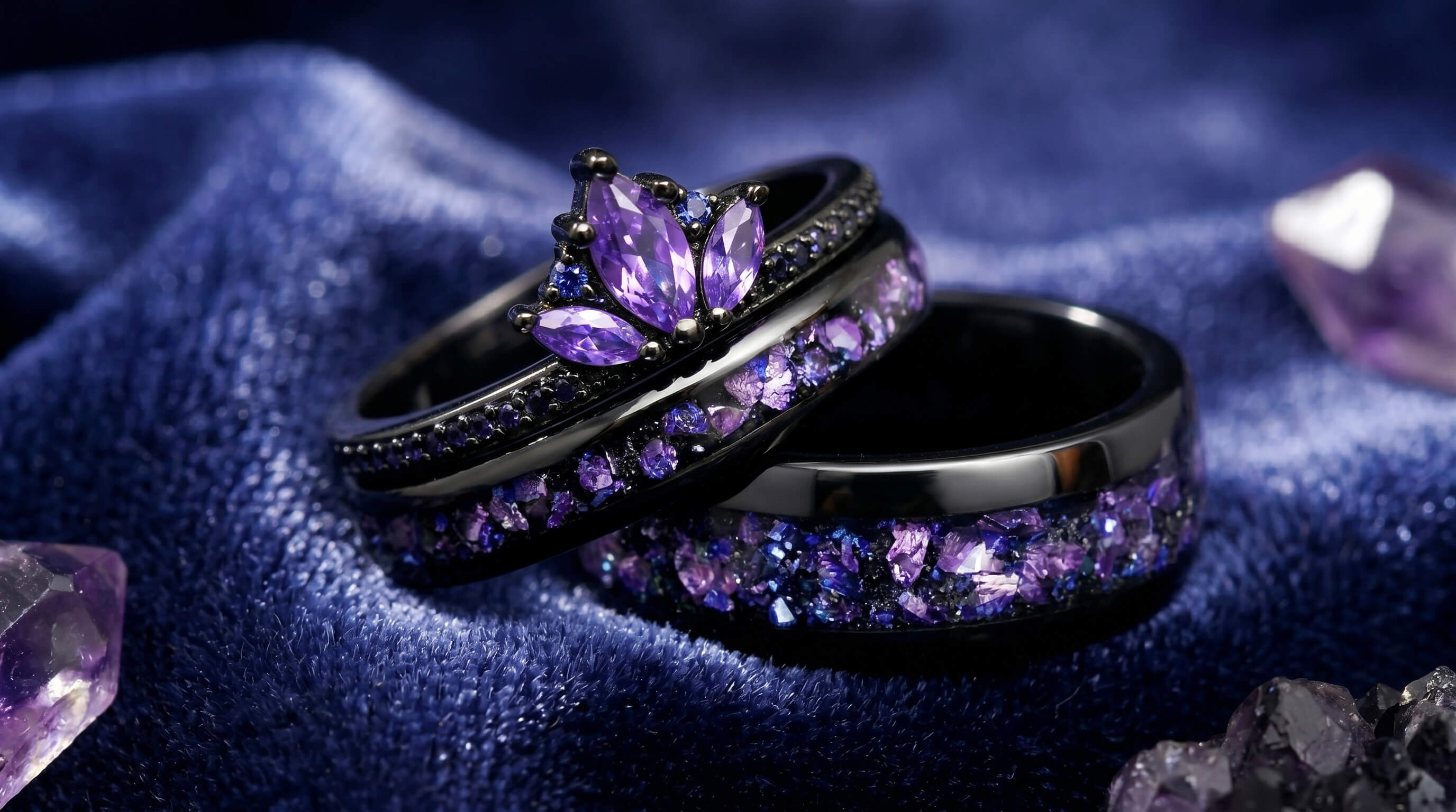 foreverings promise ring couples ring set with amethyst purple lotus on blue surface