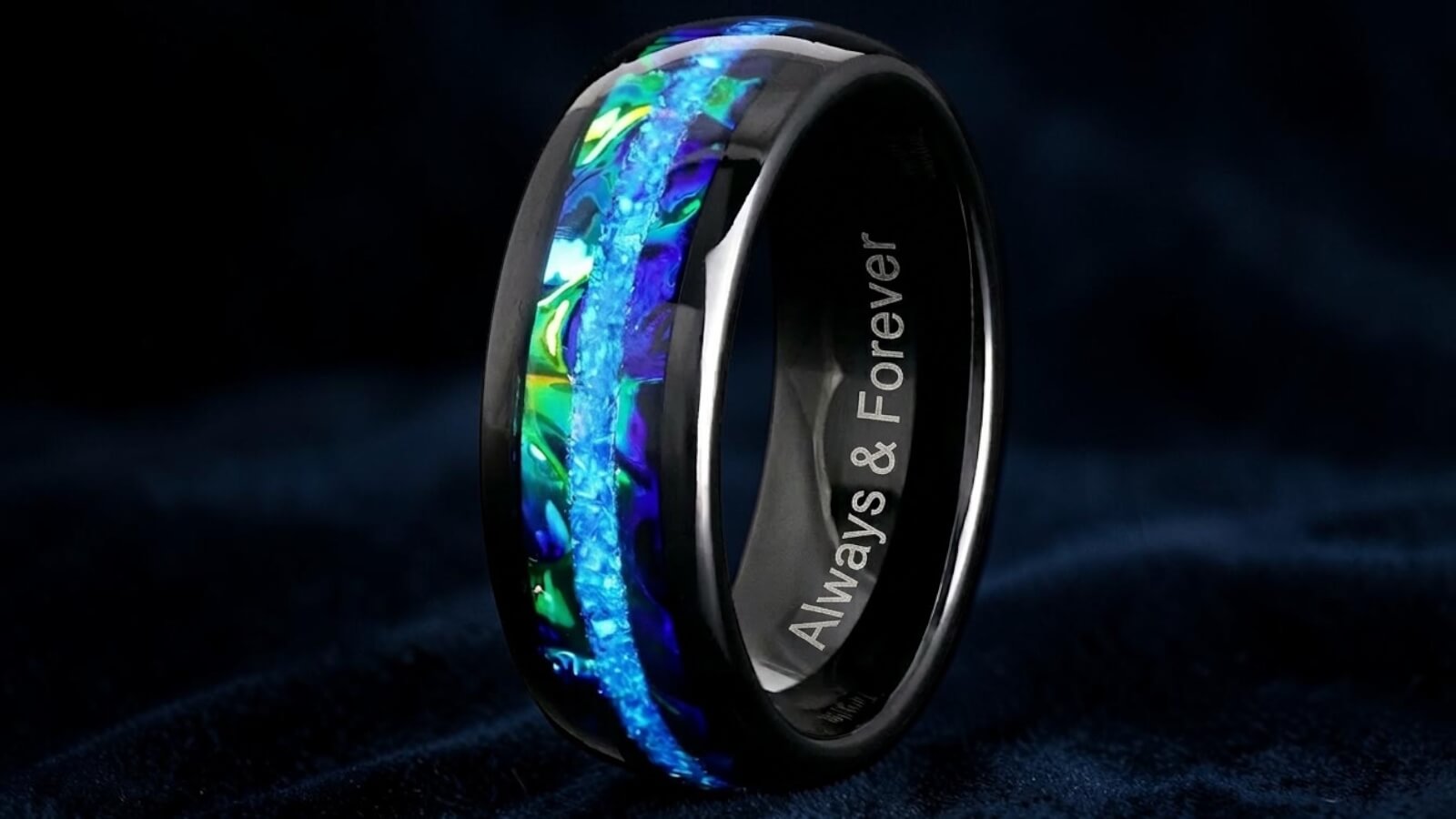 Black ring with opal inlay engraved with Always & Forever on the inside band
