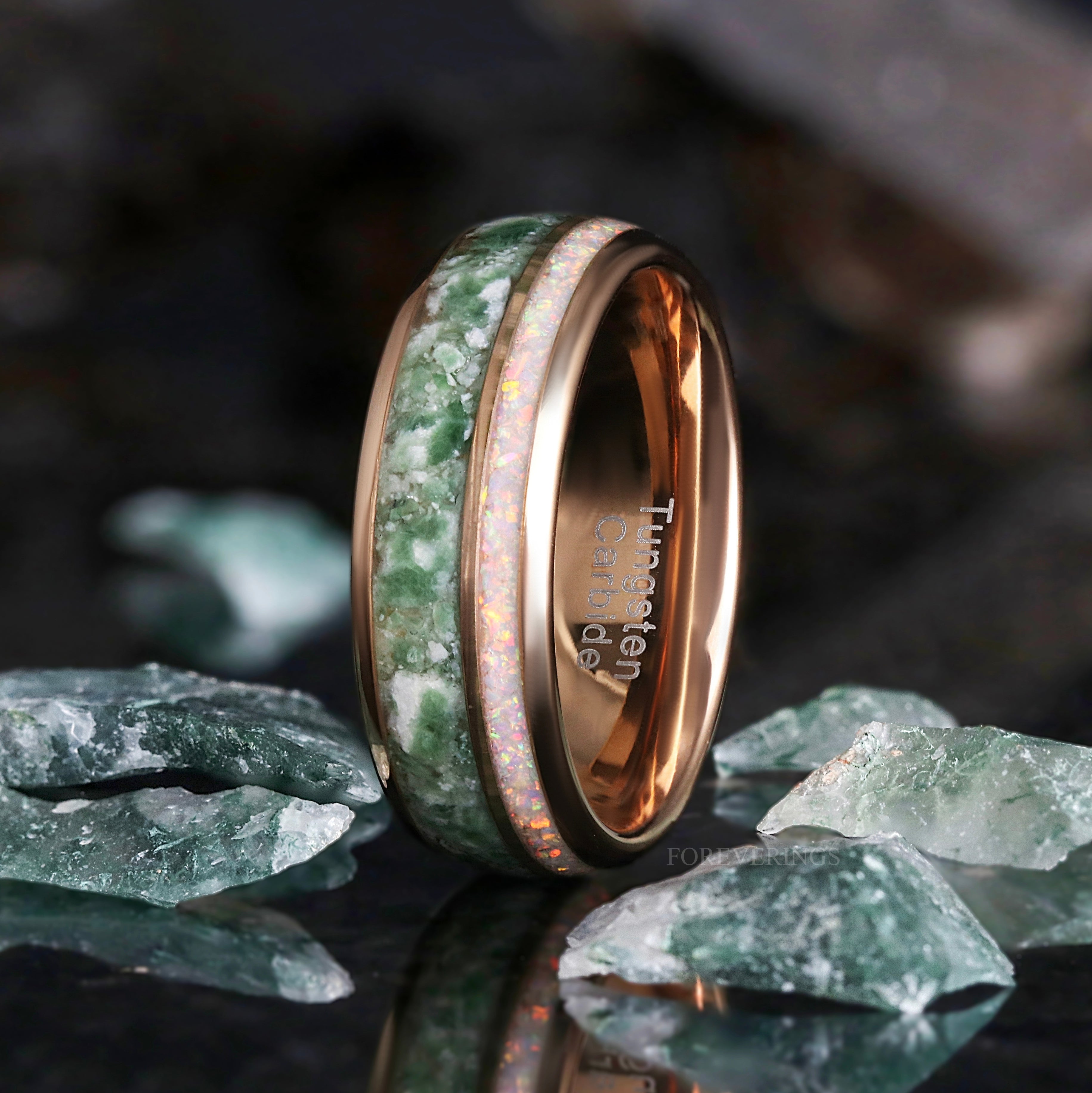 Rose Gold Moss Agate Men's Ring, White Opal Wedding Band, Green Moss Agate Tungsten Band, Nature-Inspired Earthy Tungsten Ring, Dome, Polish