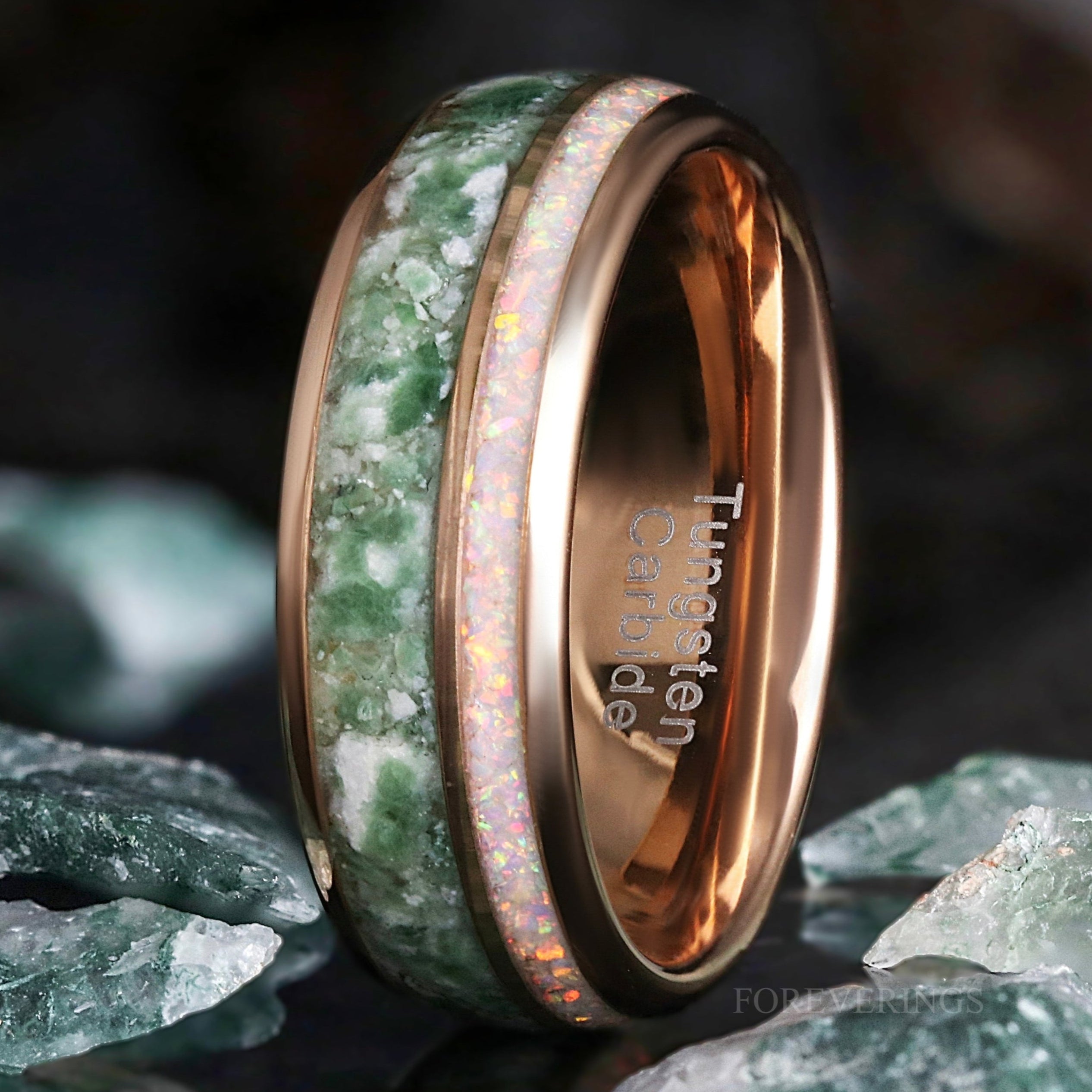 Rose Gold Moss Agate Men's Ring, White Opal Wedding Band, Green Moss Agate Tungsten Band, Nature-Inspired Earthy Tungsten Ring, Dome, Polish