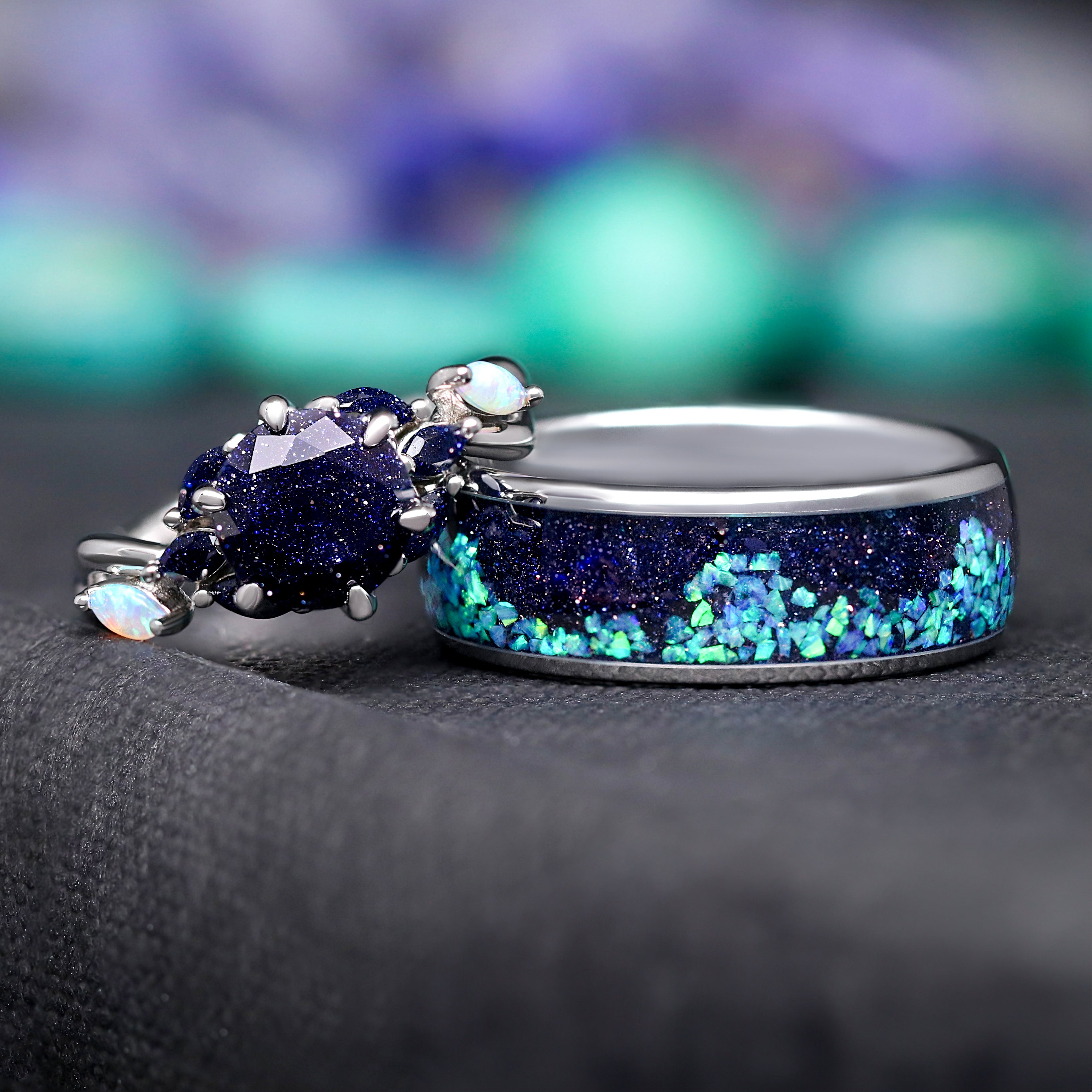 Nesta Starry Night Ring Set, His and Her Wedding Ring, Rift Nebula Ring Set, Matching Couple Ring, Sandstone, Tungsten & 925 Silver, Opal