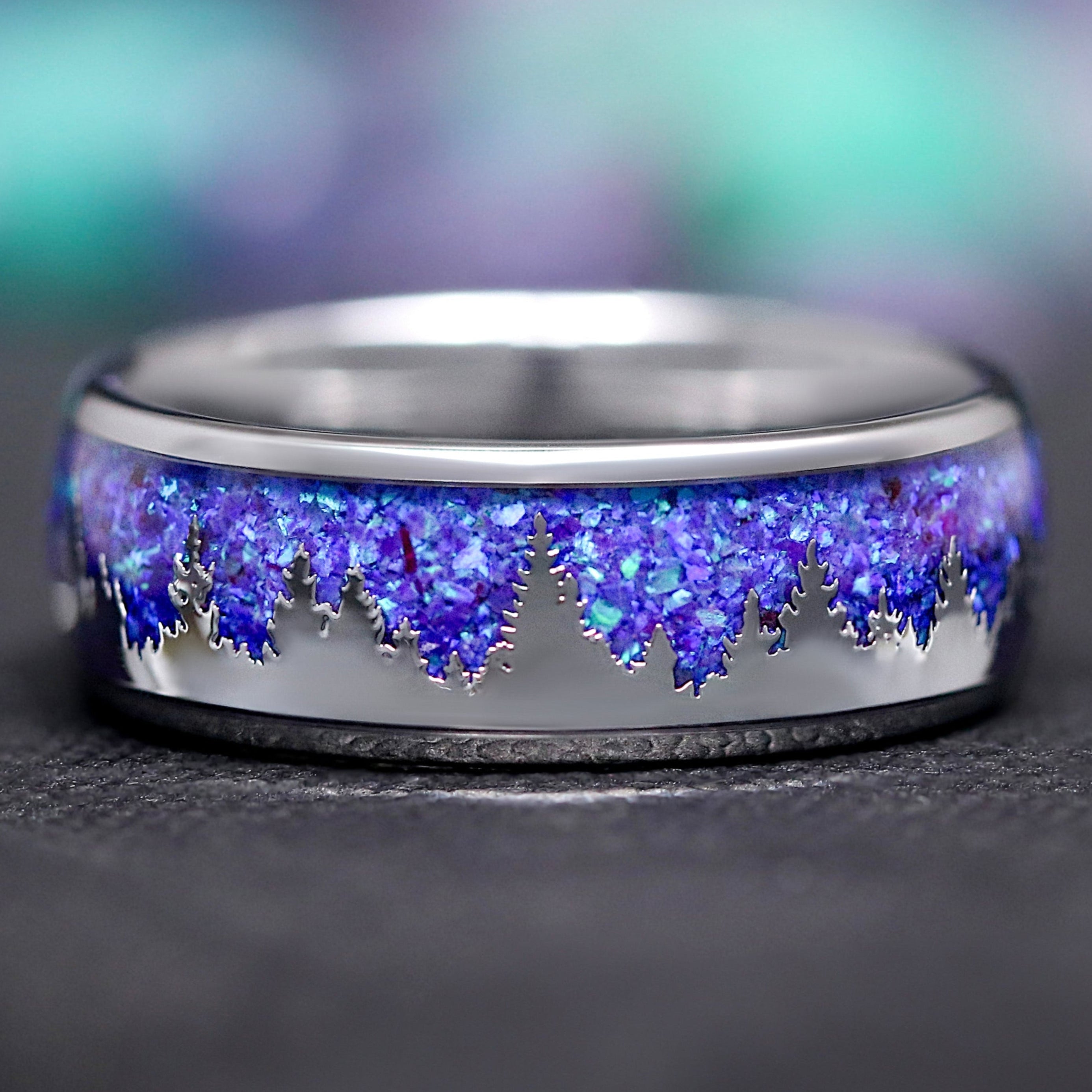 Borealis Opal Wedding Band, Mens Tree Ring, Silver Tungsten Band, 8mm Nature Wedding Band, Unique Ring for Him, Polish Dome, Northern Lights
