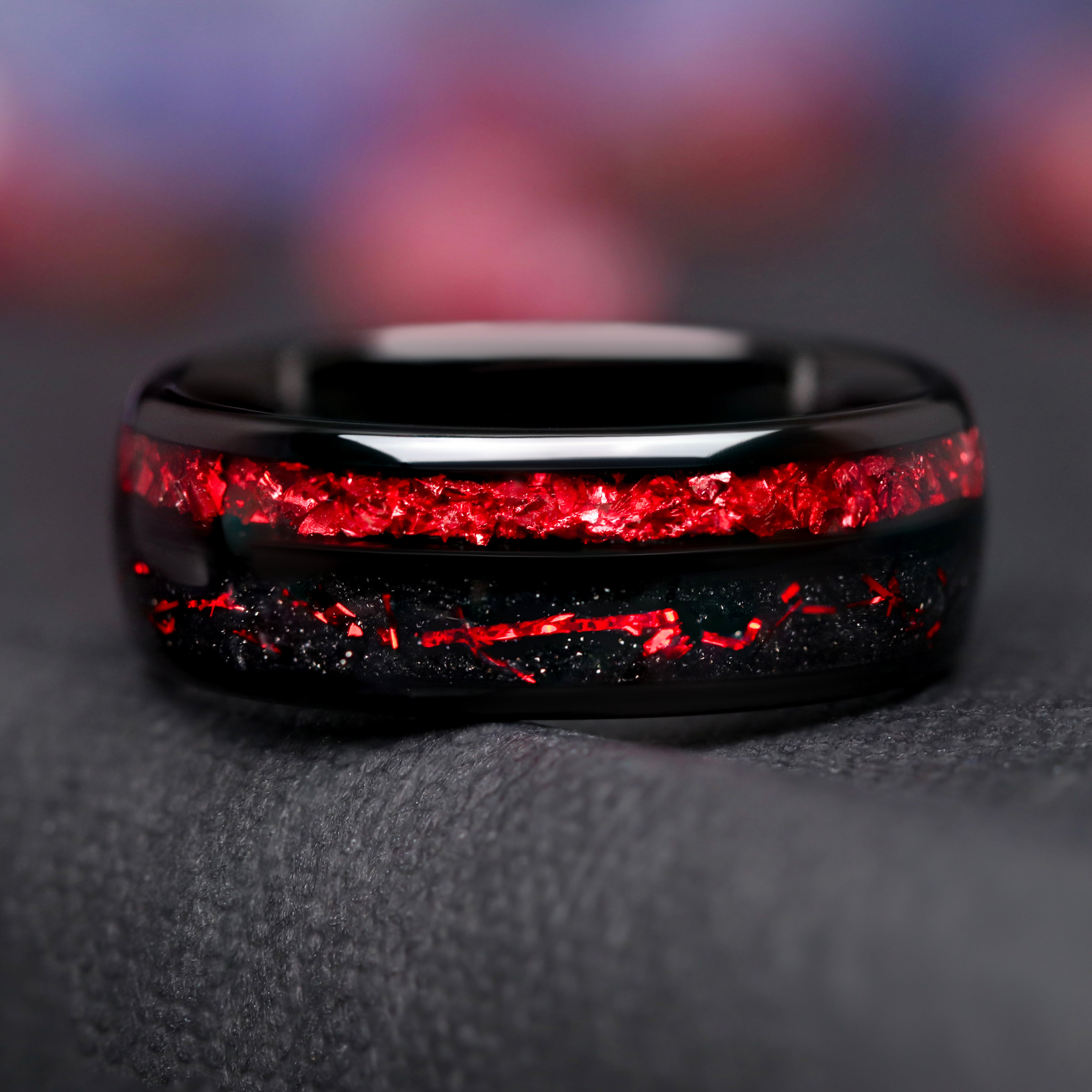 Ruby Red and Black Tungsten Wedding Band, 8mm Mens Ring, Dome Polish, Unique Black & Red Band, Anniversary Gift for Husband, Promise Ring