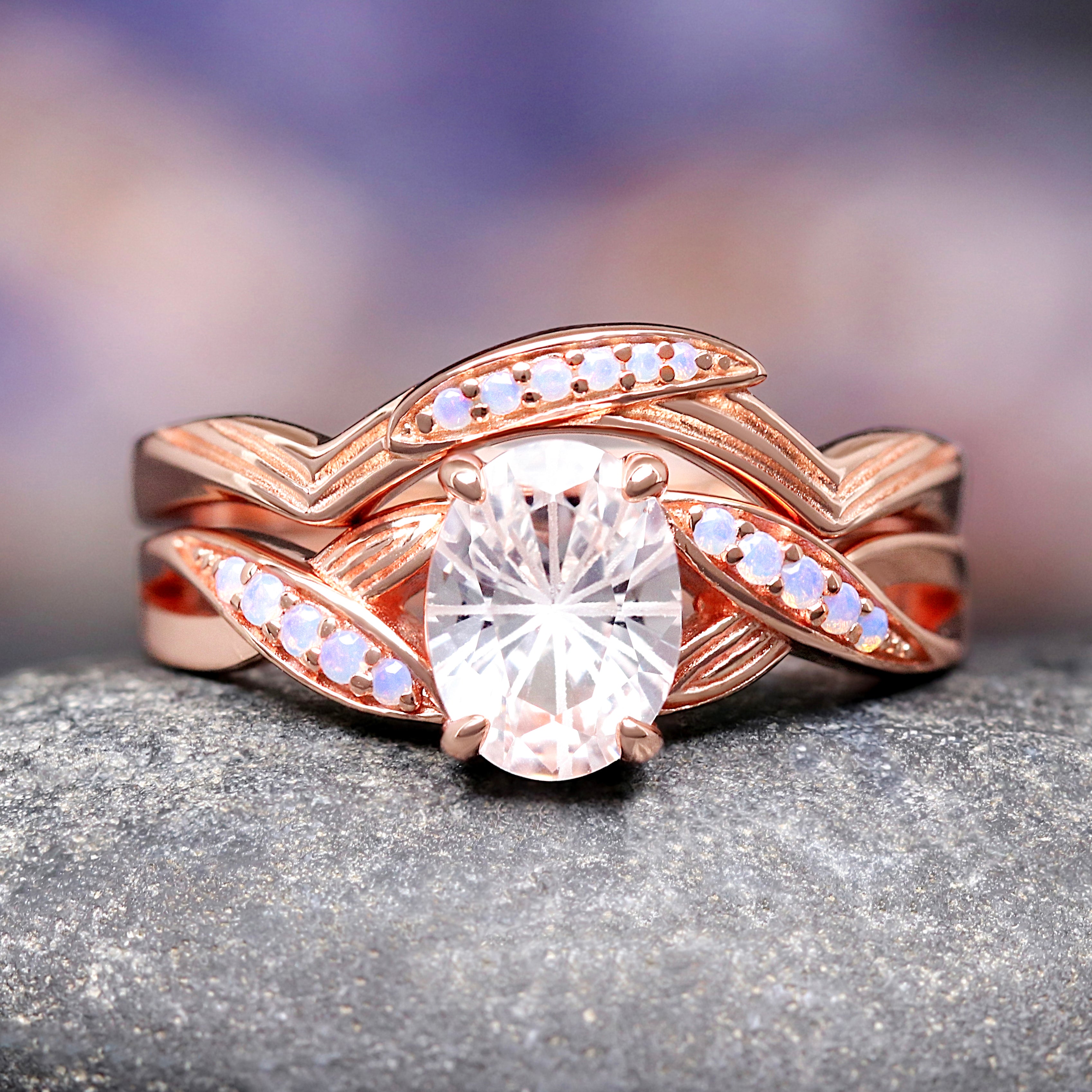 White Lotus Couples Ring Set, His and Her Rings, Matching Rose Gold Band Set, Nature Inspired Rings, Fantasy Cut White Sapphire Flower Ring
