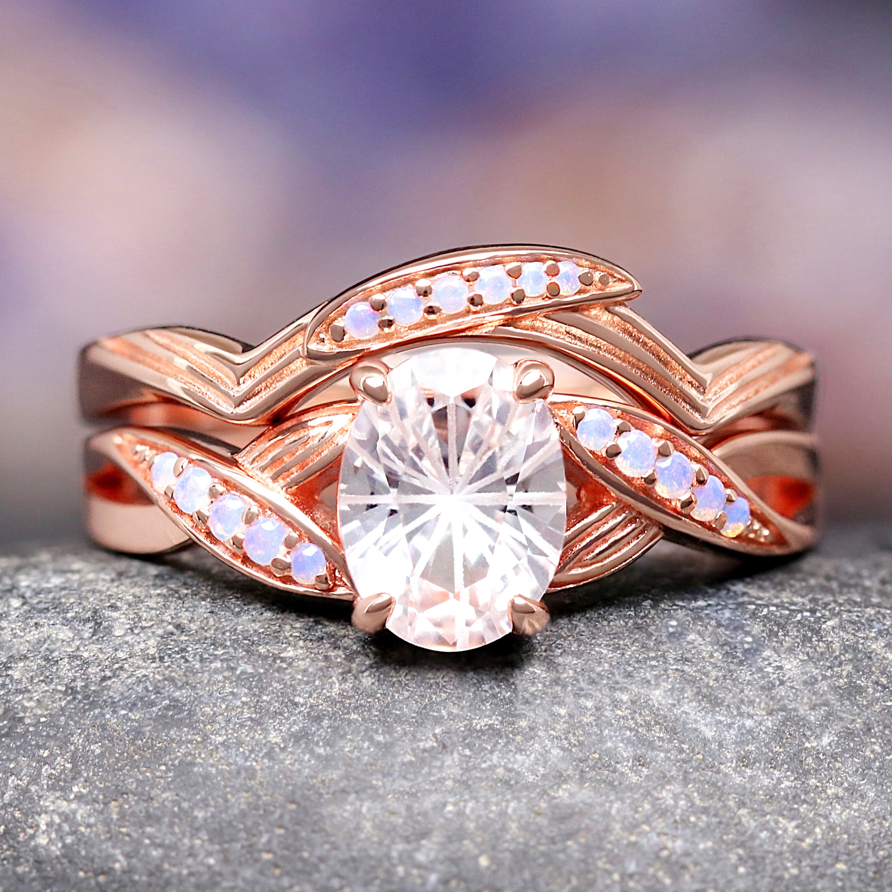 White Lotus Engagement Ring, Oval Cut White Sapphire, Rose Gold Promise Ring, Nature Inspired Wedding Band, Unique Fantasy Flower Ring