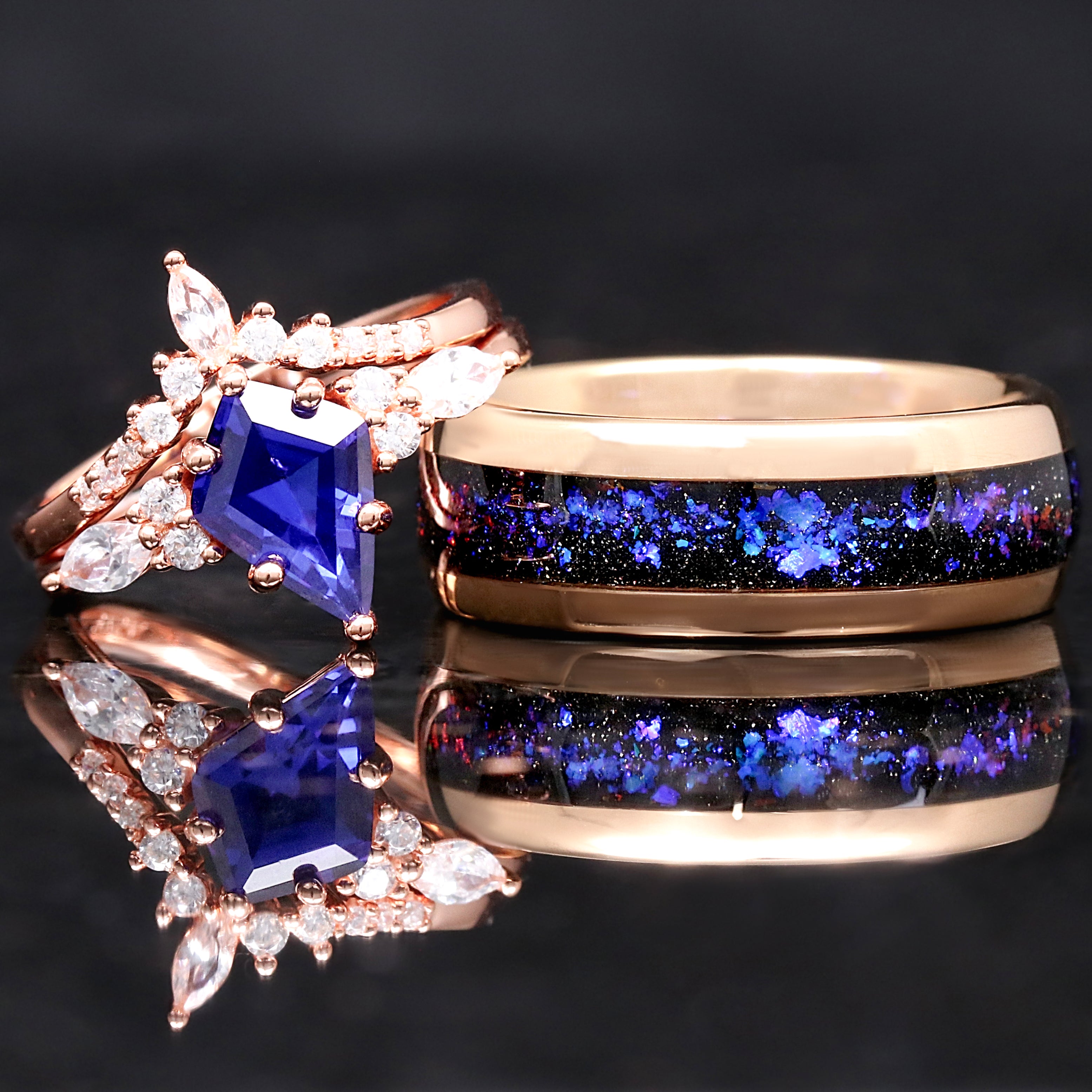 Orion Nebula Ring Set Rose Gold, His and Hers Wedding Bands, Blue Nebula Ring, Sapphire, Matching Couples Ring, Engagement Ring Set, Engrave