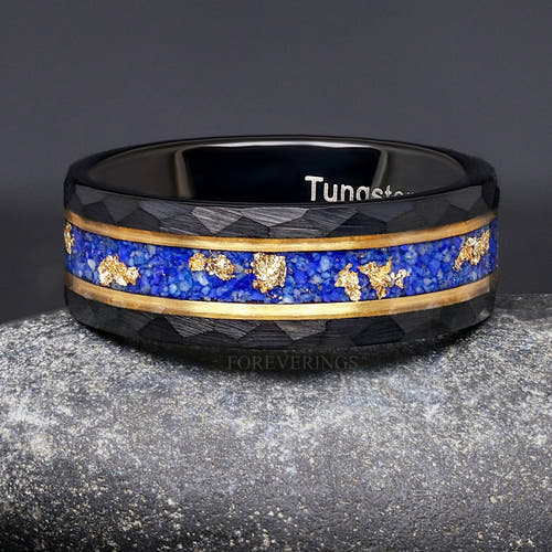 Men's 8mm hammered black and gold tungsten ring with lapis lazuli and gold leaf inlay