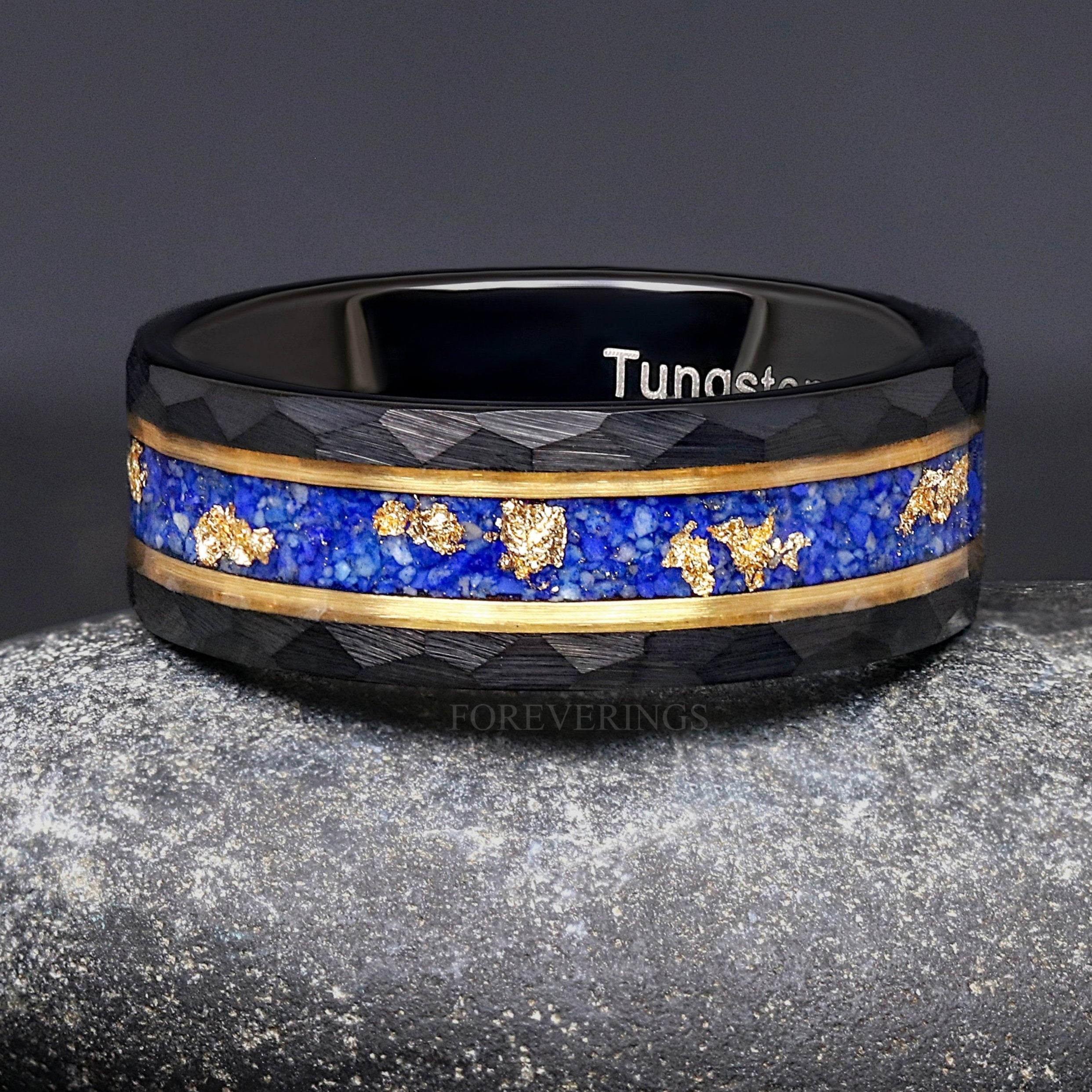 Lapis Lazuli Ring Men, Gold Leaf Wedding Band, Black and Gold, Blue Tungsten Ring, Hammered Band, Promise Ring for Him, Engrave
