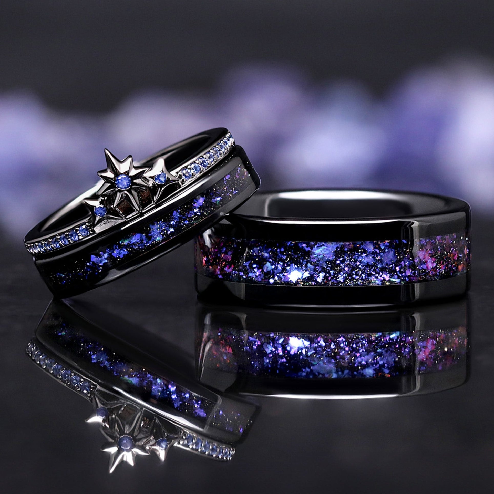 Orion Star Wedding Ring Set, Blue Nebula Sapphire Engagement Rings, His and Hers Cosmic Space Bands, Ceramic & Sterling Silver Couples Rings