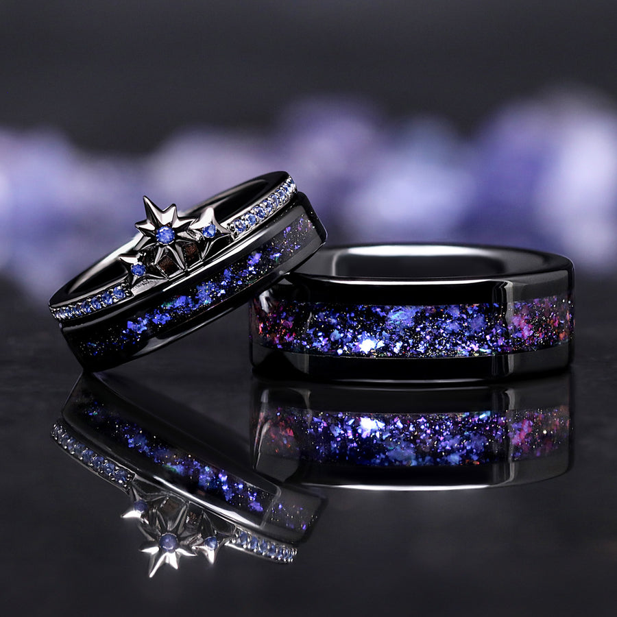 Women’s wedding band with Orion nebula inspired blue gemstone