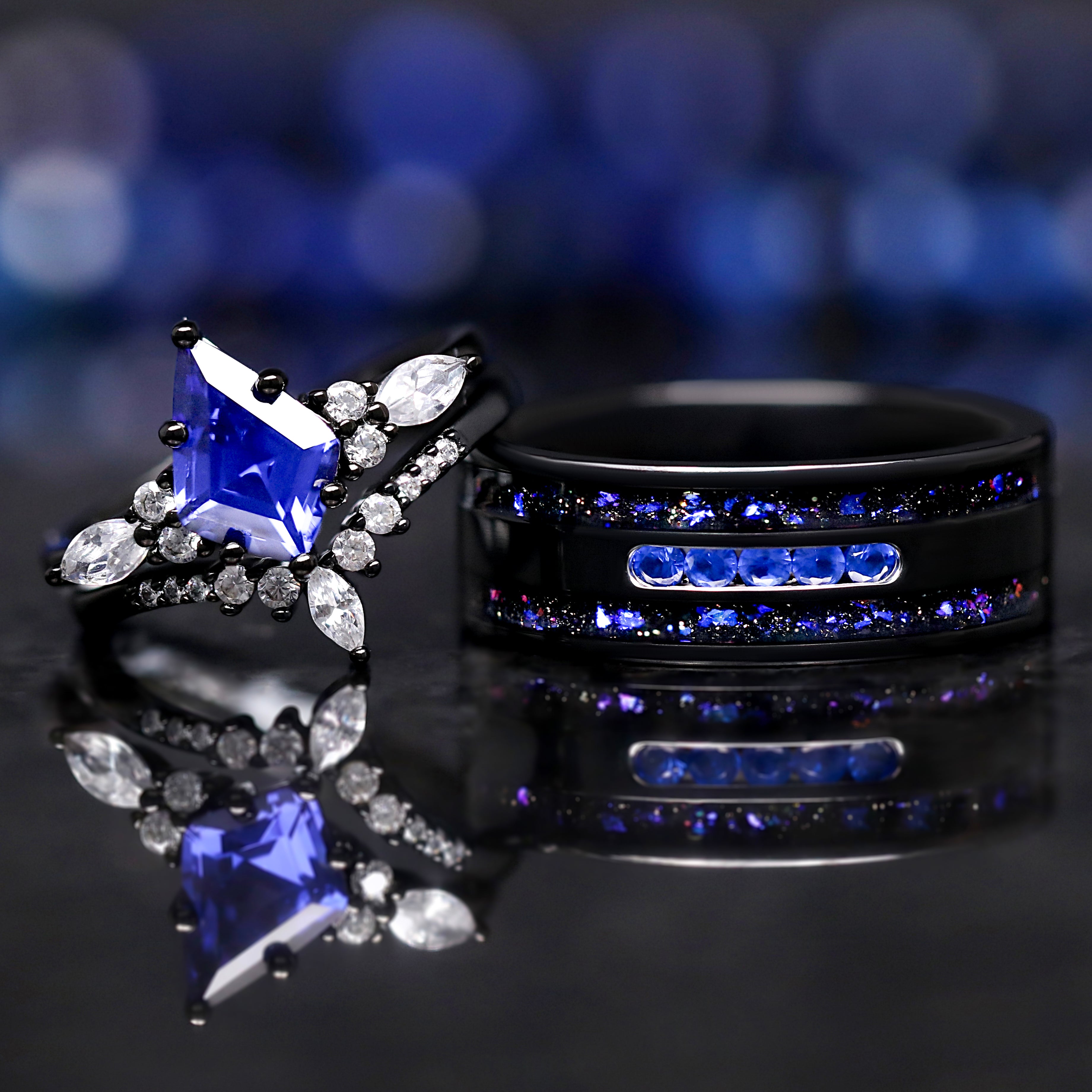 Orion Nebula Ring™ Set - Matching Sapphire Couples Wedding Ring Set - Black Engagement Ring Set