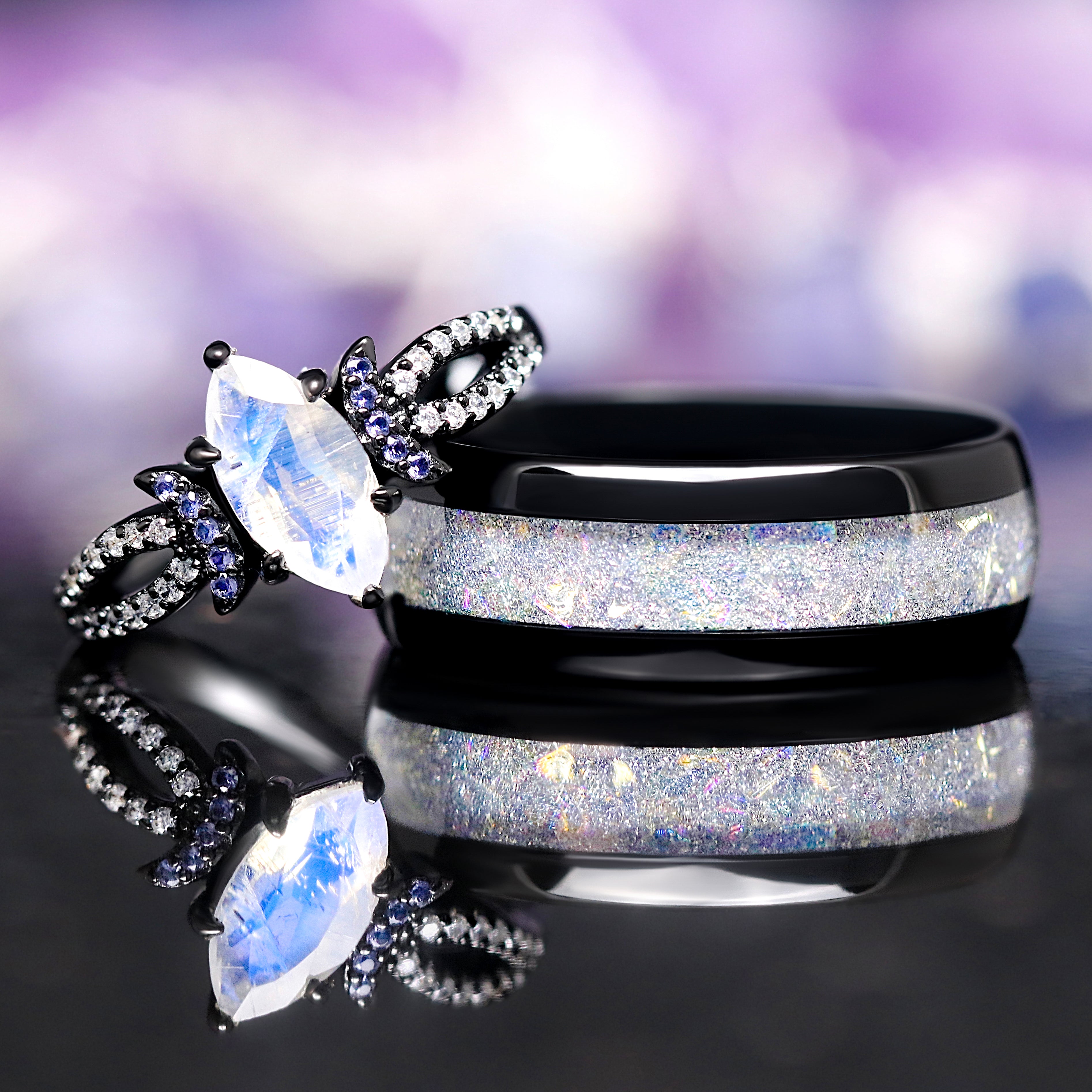 Lunara Couples Moonstone Ring Set, His and Her Wedding Ring Set, Unique Promise Ring, Crescent Moon, Black Fantasy Ring for Couples