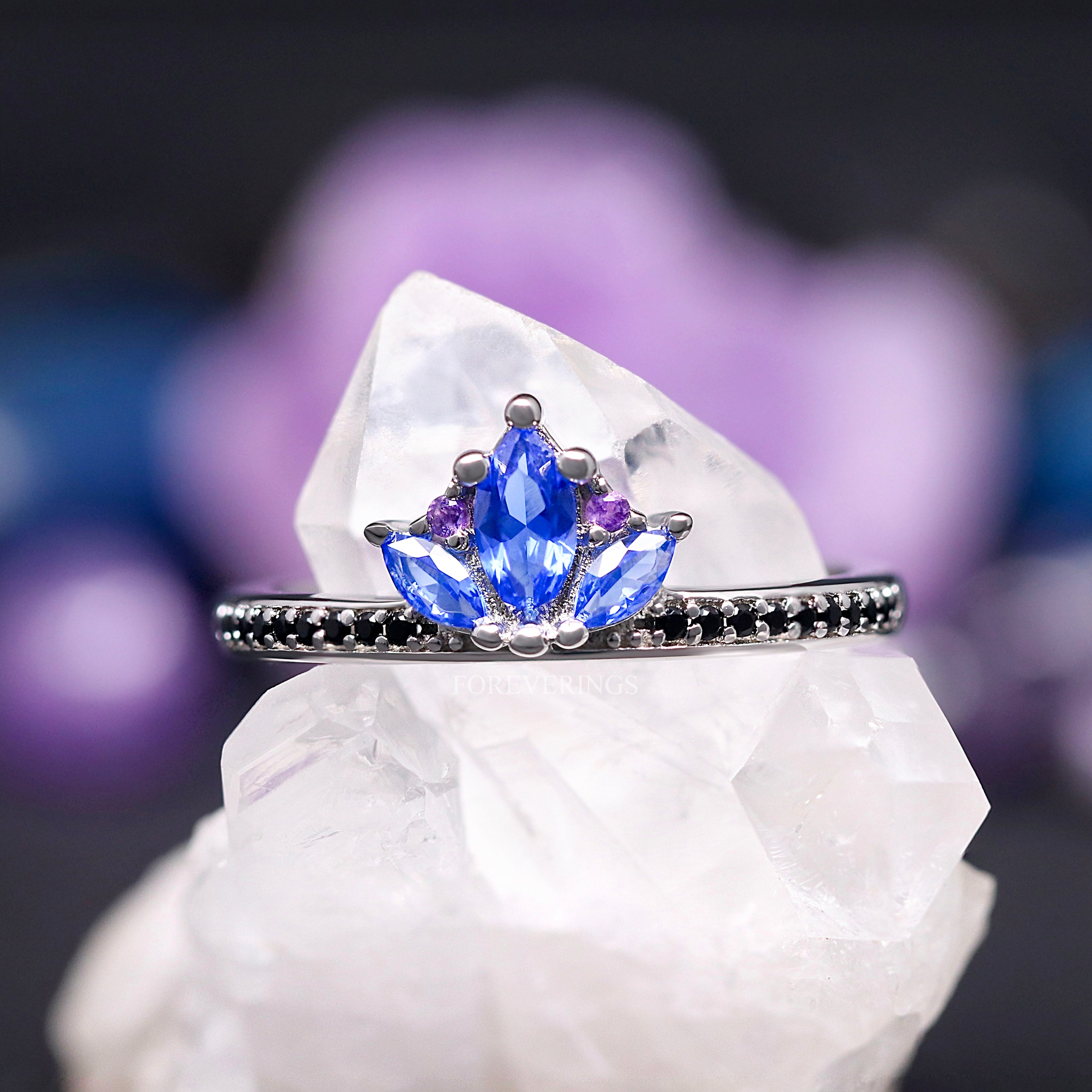 Blue Lotus Orion Nebula Wedding Ring Set: His and Hers Engagement Rings with Sapphire, Amethyst, Tungsten & Sterling Silver for Space Lovers
