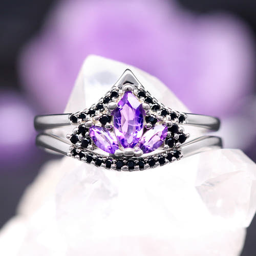 Women's sterling silver natural amethyst lotus bridal set with black accent stones, front view