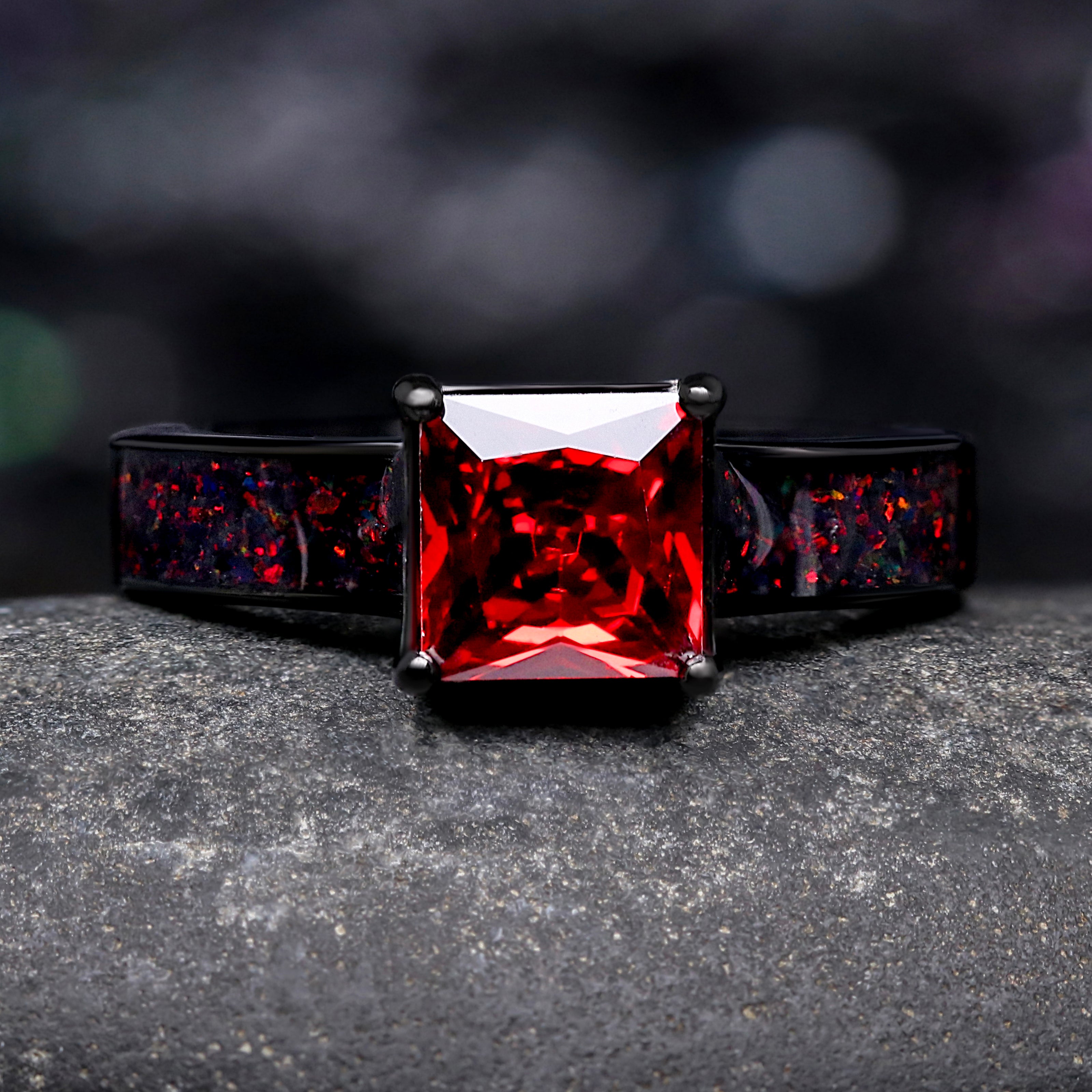 Enla Garnet & Black Fire Opal Wedding Ring in Black - Womens Inlay Band