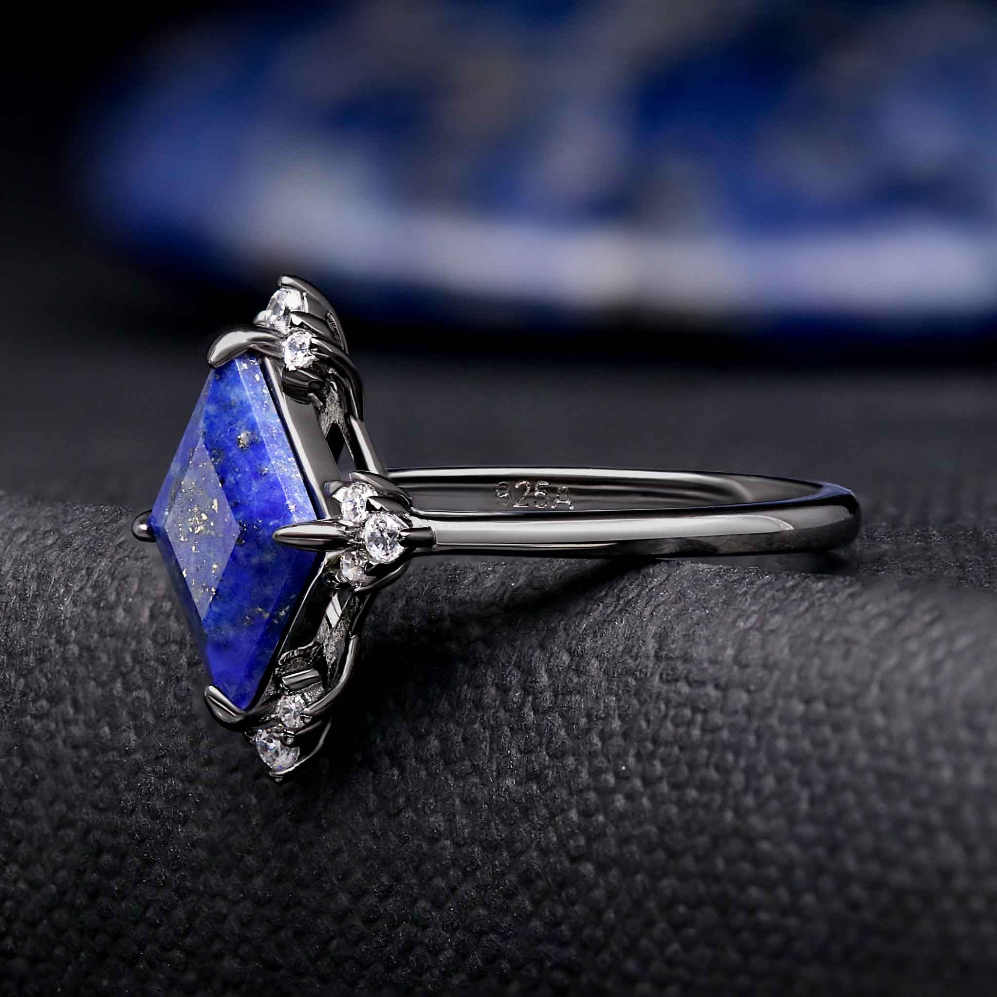 Vectra Kite Cut Lapis Lazuli Engagement Ring - Black Ruthenium Cardinal Cluster Ring