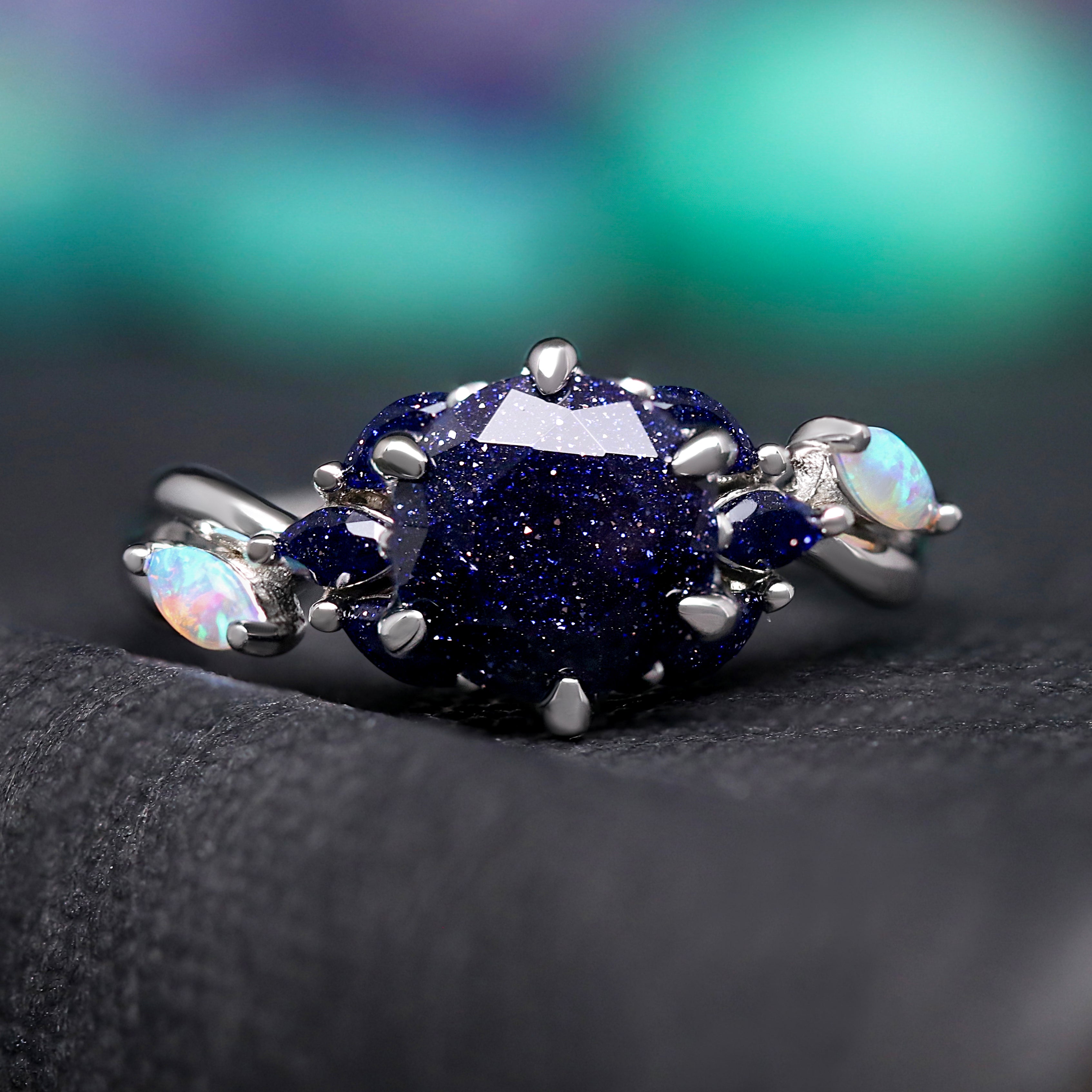 Nesta Starry Night Ring Set, His and Her Wedding Ring, Rift Nebula Ring Set, Matching Couple Ring, Sandstone, Tungsten & 925 Silver, Opal