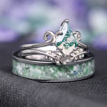 Twirl Leaf Green Moss Agate Ring Set, His and Her Wedding Ring, Matching Nature Couples Ring, Alternative Engagement Ring, Anniversary Gift