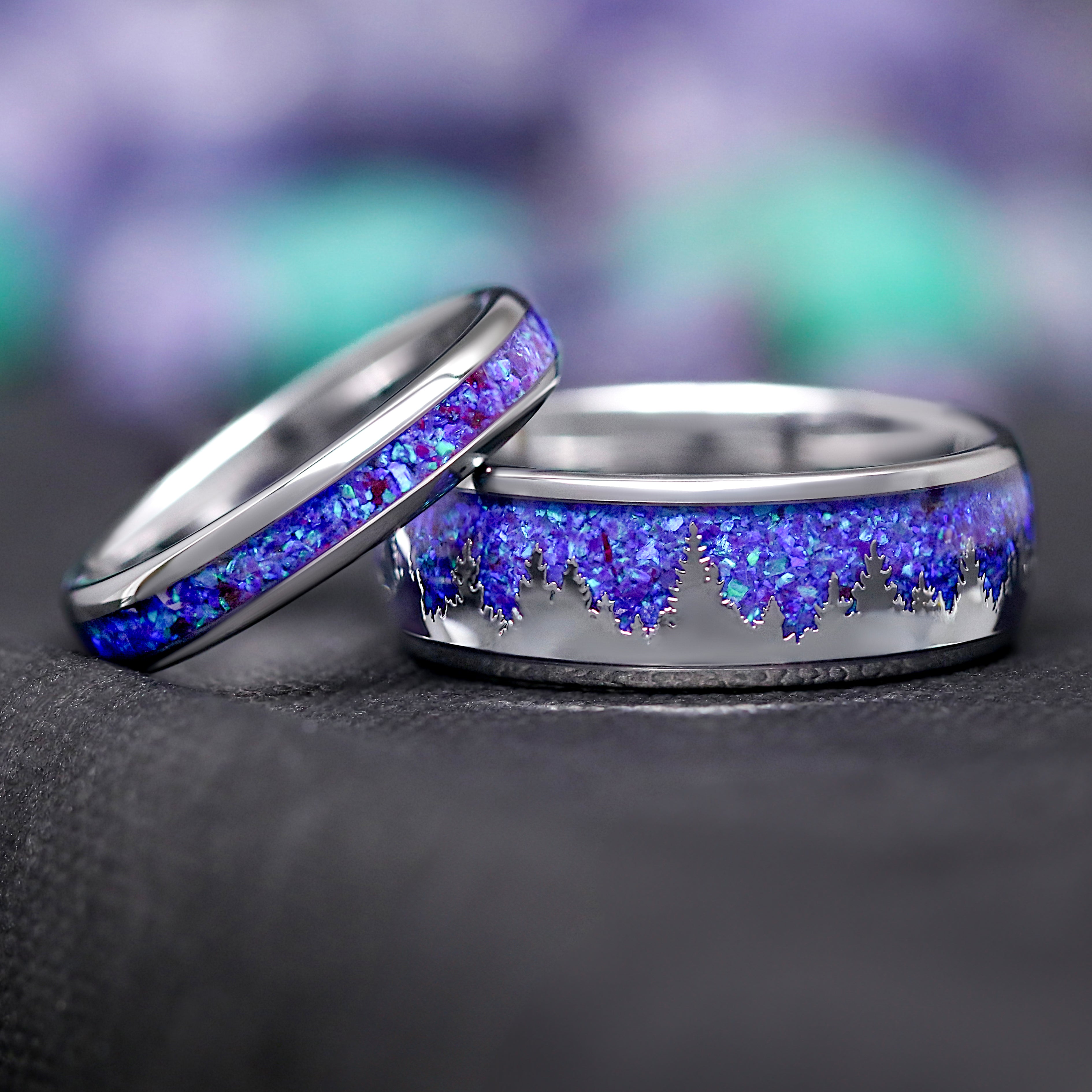 Borealis Opal Wedding Band, Mens Tree Ring, Silver Tungsten Band, 8mm Nature Wedding Band, Unique Ring for Him, Polish Dome, Northern Lights