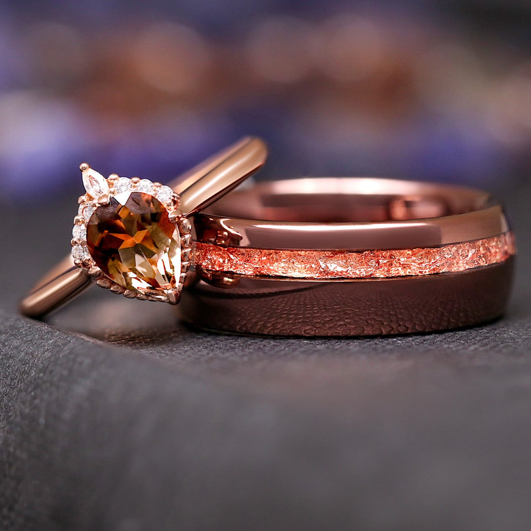 Smoky Quartz Couples Ring, His and Her Rose Gold Nontraditional Ring, Matching Wedding Ring, Promise Ring, Anniversary Gift for Coffee Lover