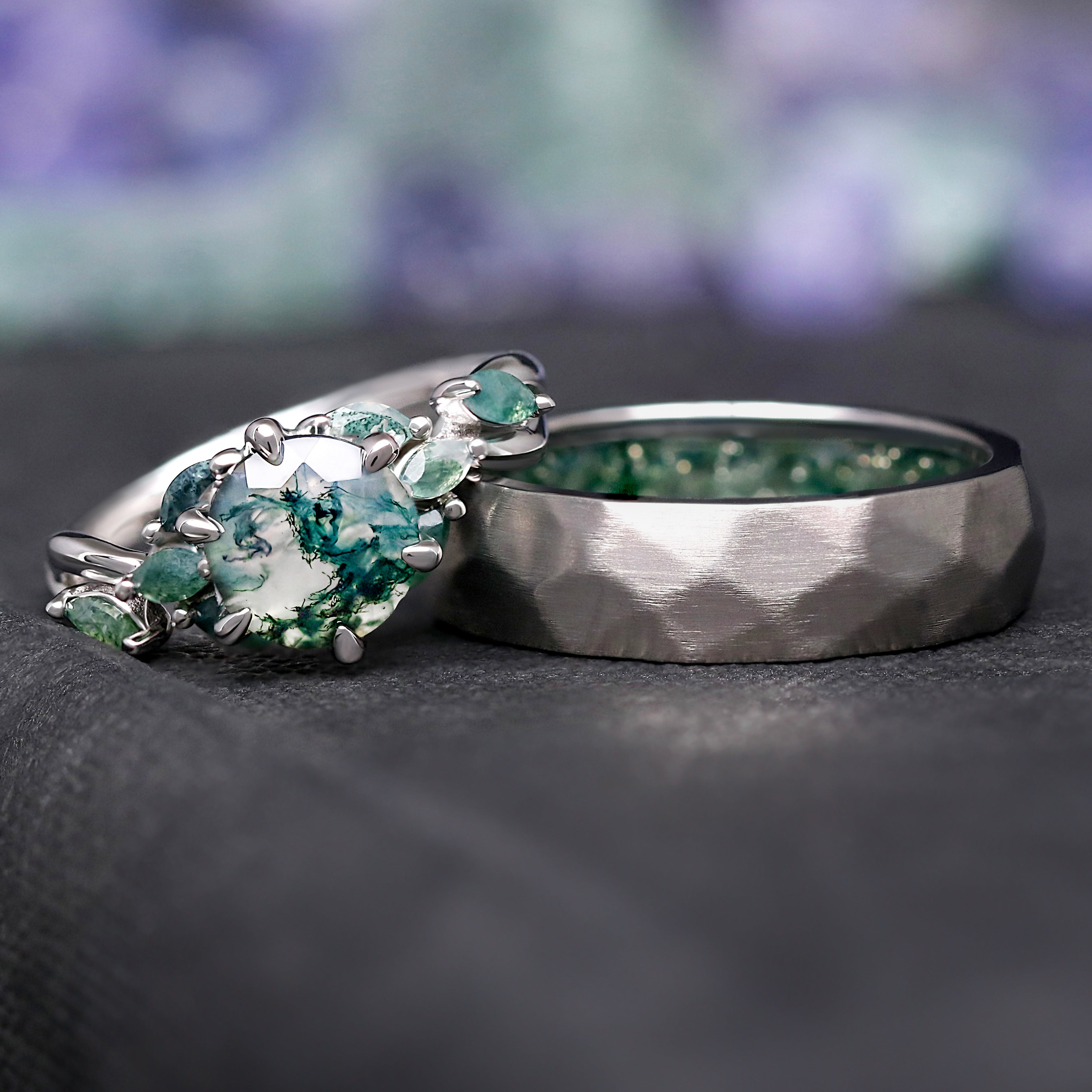 Green Moss Agate Ring Men, Hammered Silver Titanium Wedding Band, Matte Faceted Ring with Inner Moss Inlay, Unique Promise Ring