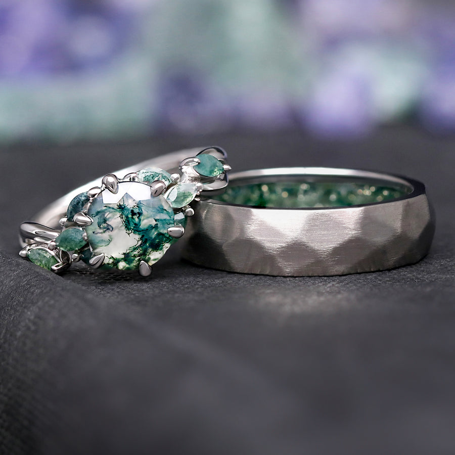 Matte faceted titanium ring with inner moss agate inlay for men