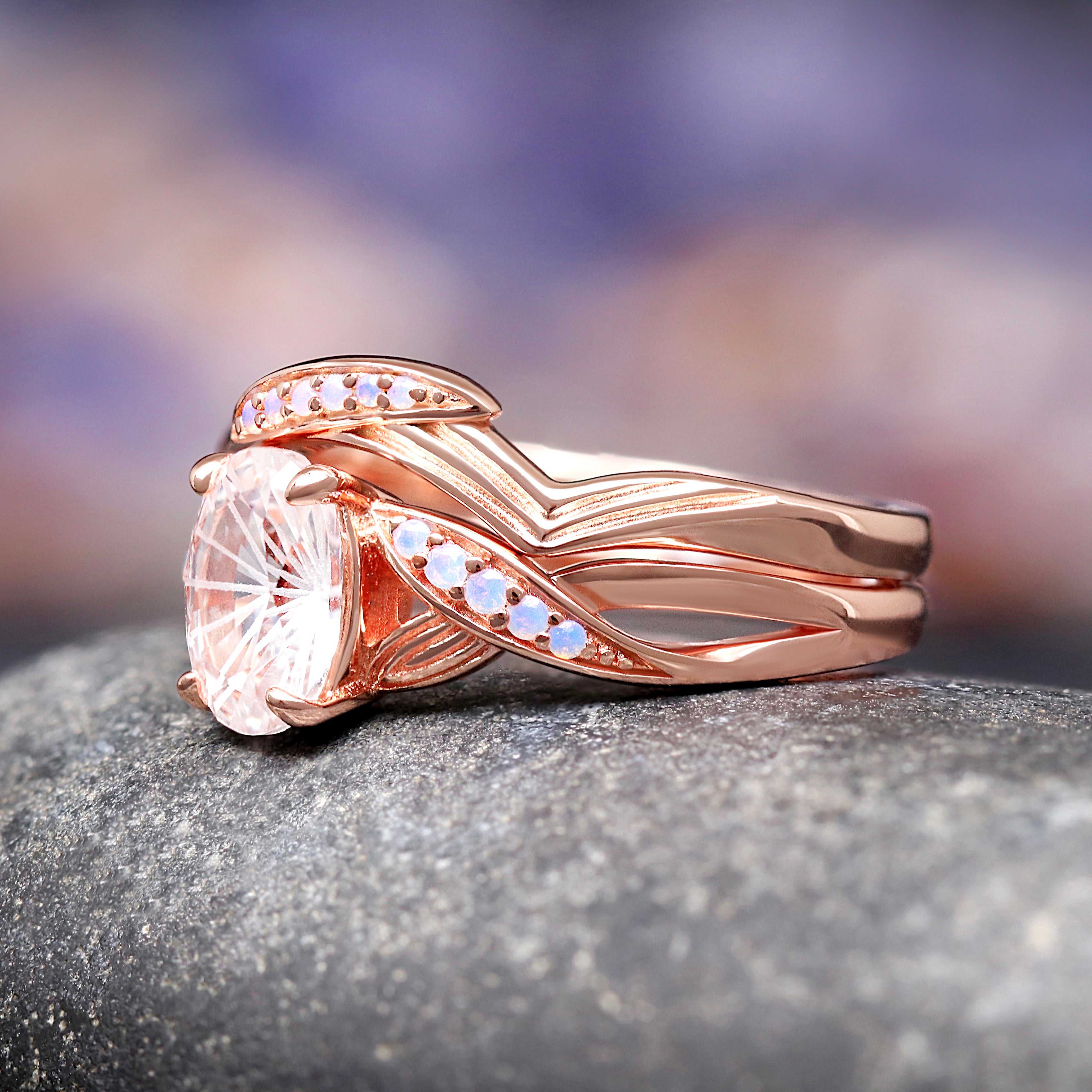 White Lotus Couples Ring Set, His and Her Rings, Matching Rose Gold Band Set, Nature Inspired Rings, Fantasy Cut White Sapphire Flower Ring