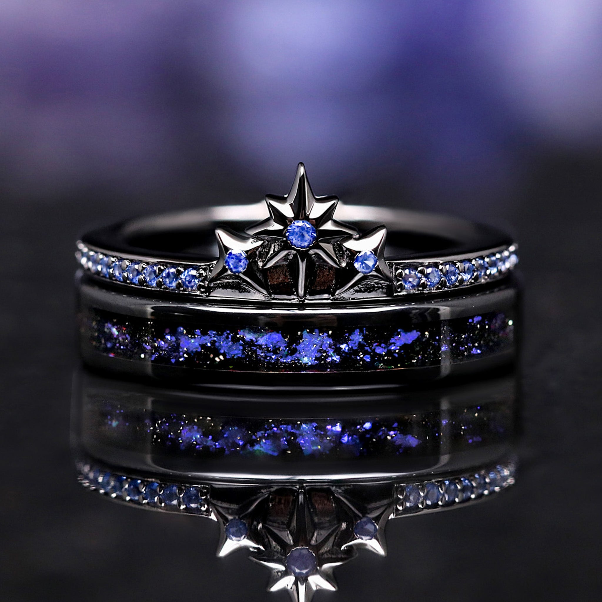 Orion Star Engagement Ring Set, Women’s Wedding Band Set, Cosmic Nebula Stacking Rings, Space Ring Set for Her, Ceramic & Sterling Silver