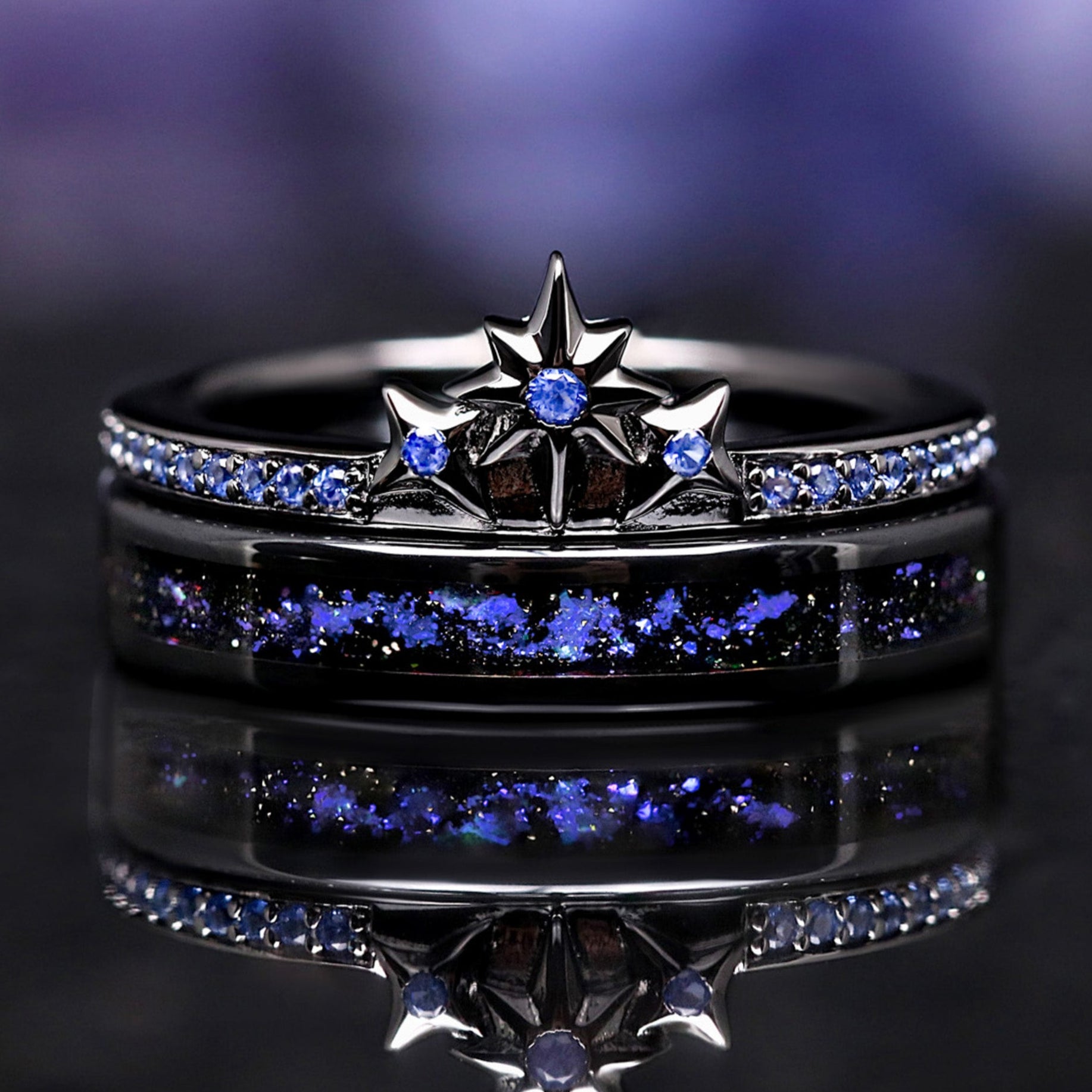 Orion Star Engagement Ring Set, Women’s Wedding Band Set, Cosmic Nebula Stacking Rings, Space Ring Set for Her, Ceramic & Sterling Silver