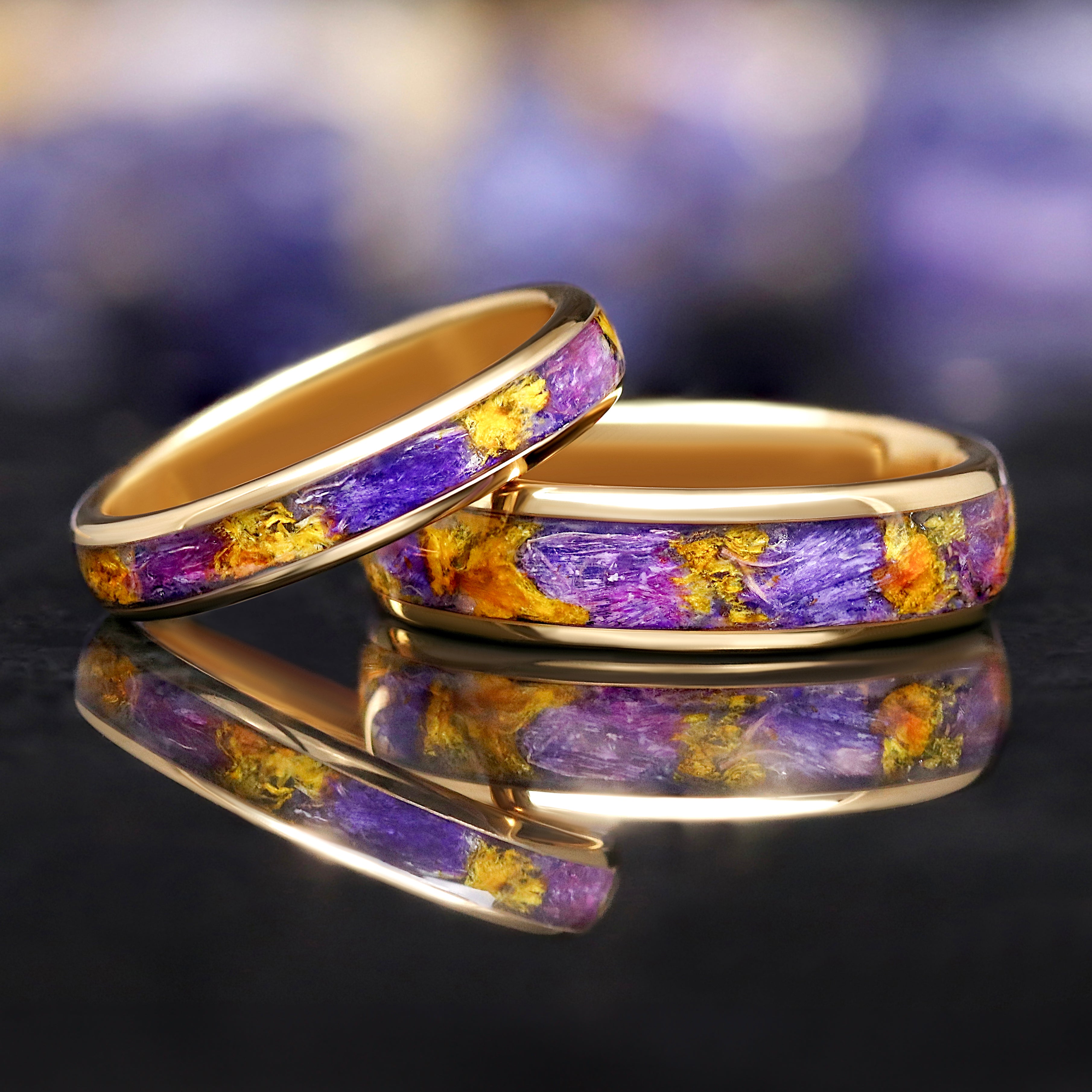 Forget-Me-Not Couples Ring Set, Gold Tungsten Wedding Bands, 4mm & 6mm Flower Inlay Rings, Comfort Fit, Unique Nature Rings for Him Her