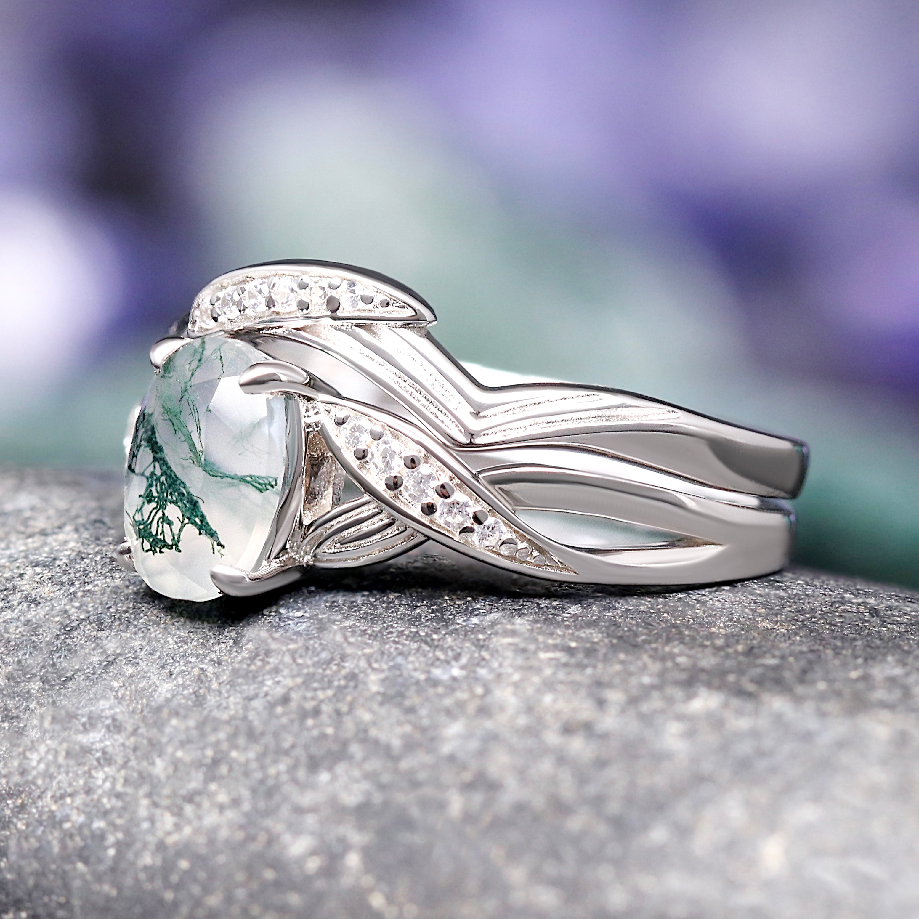 Lotus Green Moss Agate Engagement Ring Set for Women