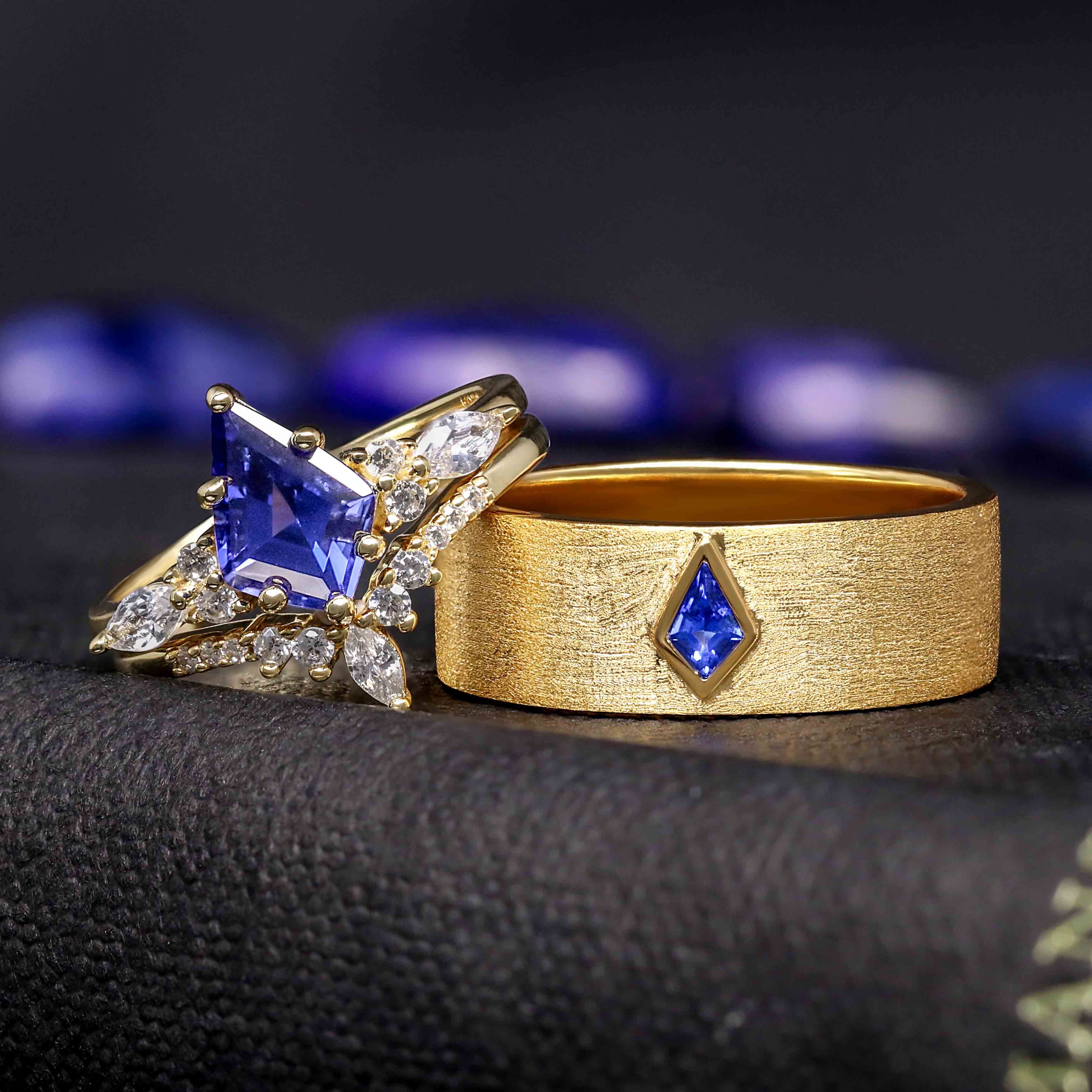 Kite Cut Sapphire His and Hers Wedding Ring Set - Gold Couples Rings
