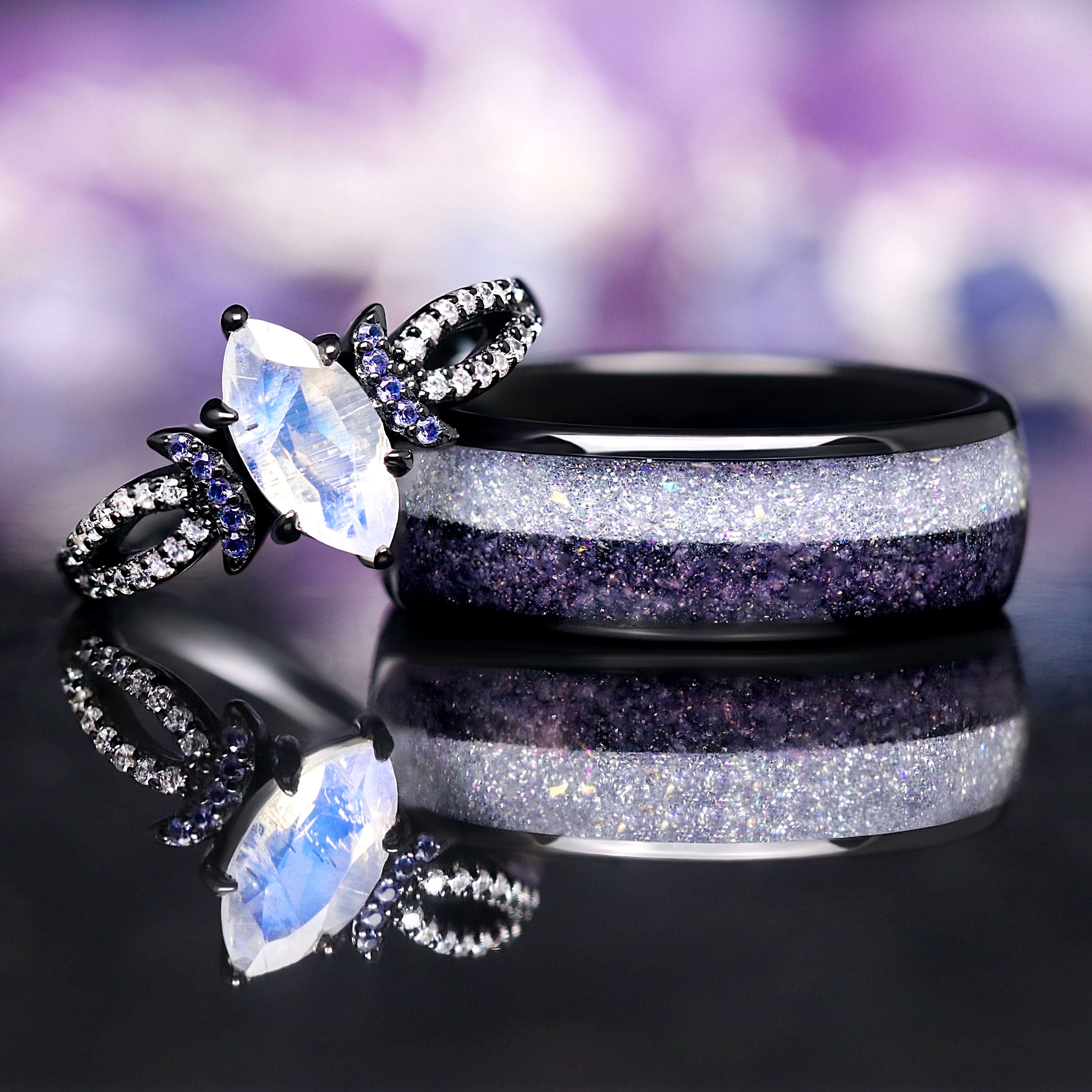 Lunara Moonstone Glow Ring Set, Couples Engagement Ring, Matching His and Her Band, Unique Promise Ring, Crescent Moon, Fantasy Wedding Ring