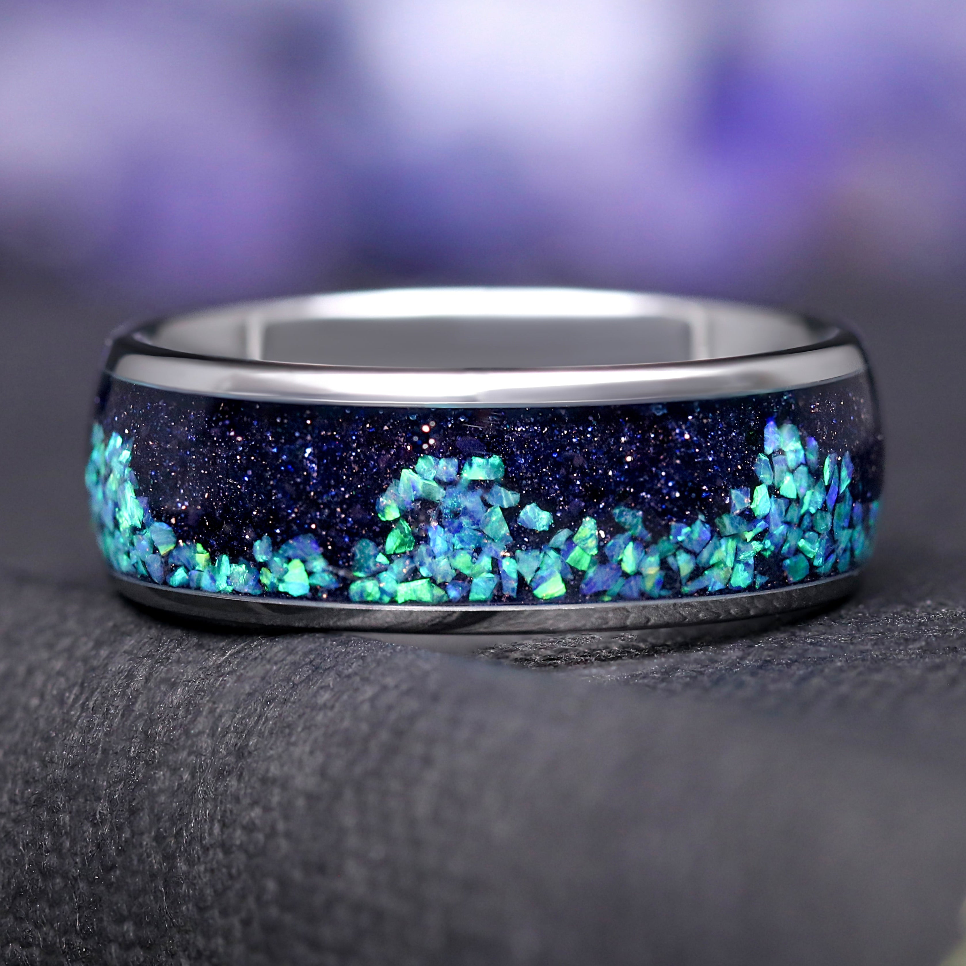 Wave Beach Wedding Ring for Men, Tungsten Band, Nebula Starry Night Ring, Silver Space Ring, 8mm Dome Polish, Sandstone, Unique Opal Band
