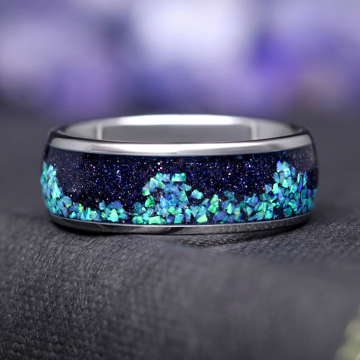 Men's 8mm silver tungsten ring with blue sandstone and wave opal inlay, shown straight on
