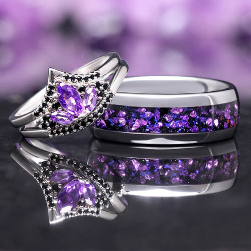 Matching silver couples ring set: amethyst engagement ring, curved band and 8mm tungsten ring with purple inlay