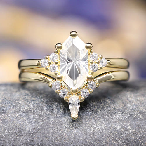 Women's gold sterling silver white sapphire bridal set, elongated hexagon engagement ring and curved band