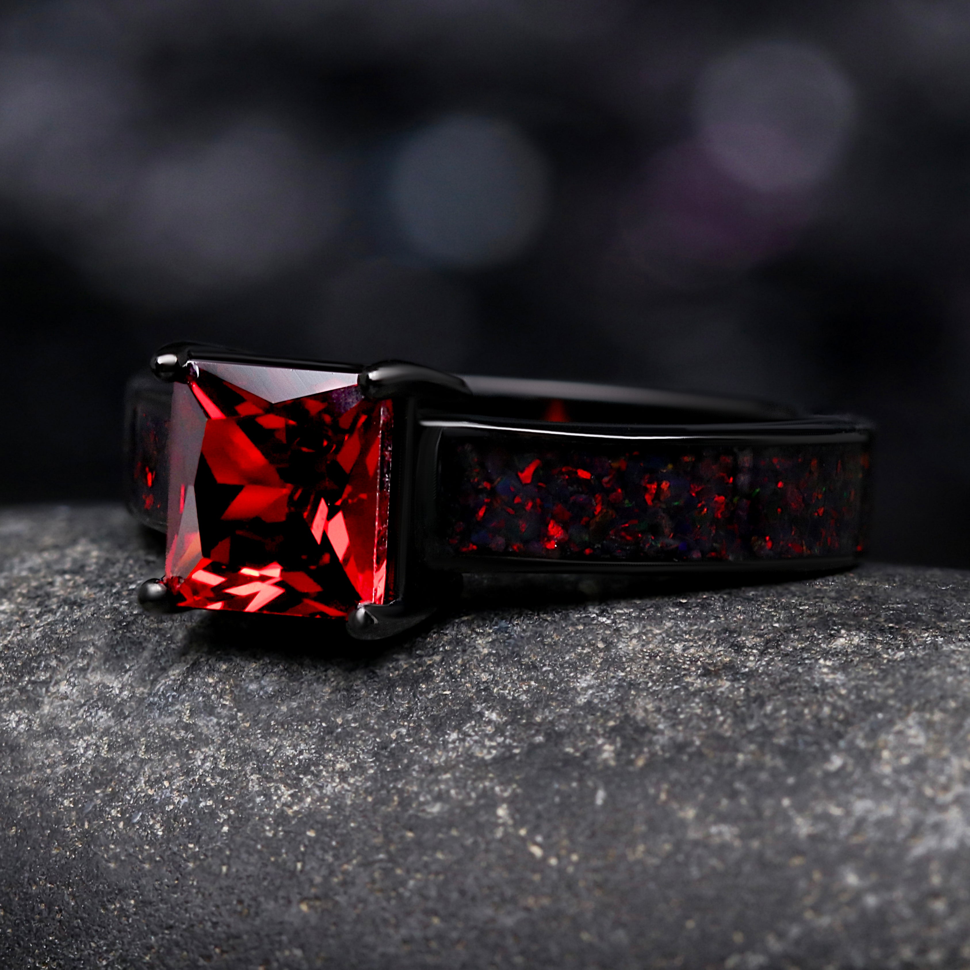 Enla Garnet & Black Fire Opal Wedding Ring in Black - Womens Inlay Band