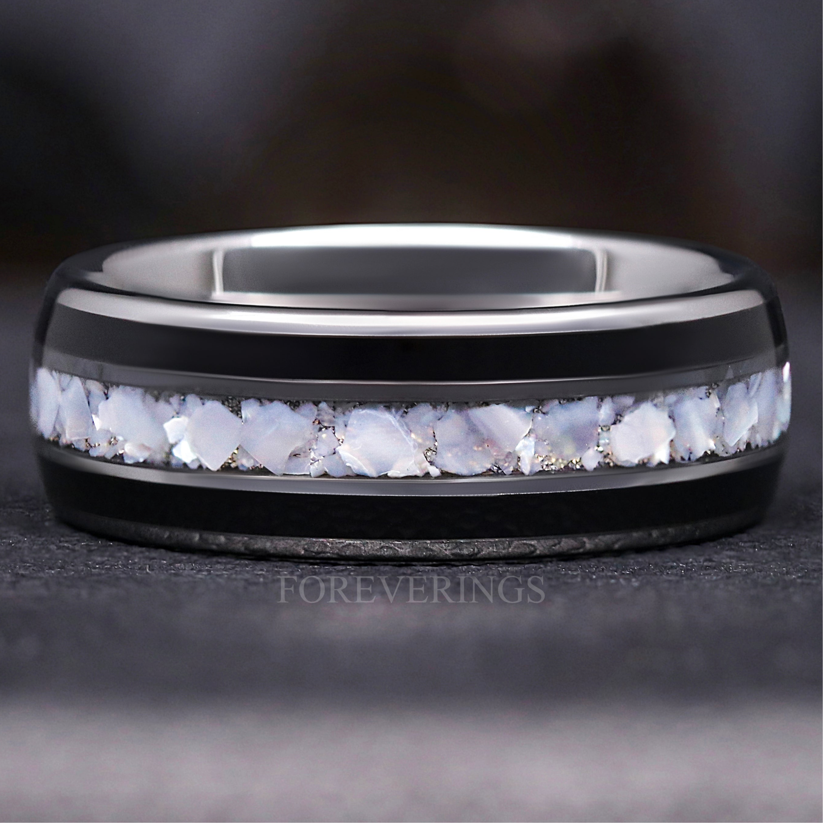 Pearl & Onyx Men’s Wedding Band, Black Onyx Ring, Crushed Pearl Band, Silver Tungsten, 8mm Dome Polished Band, Unique Promise Ring, Engrave