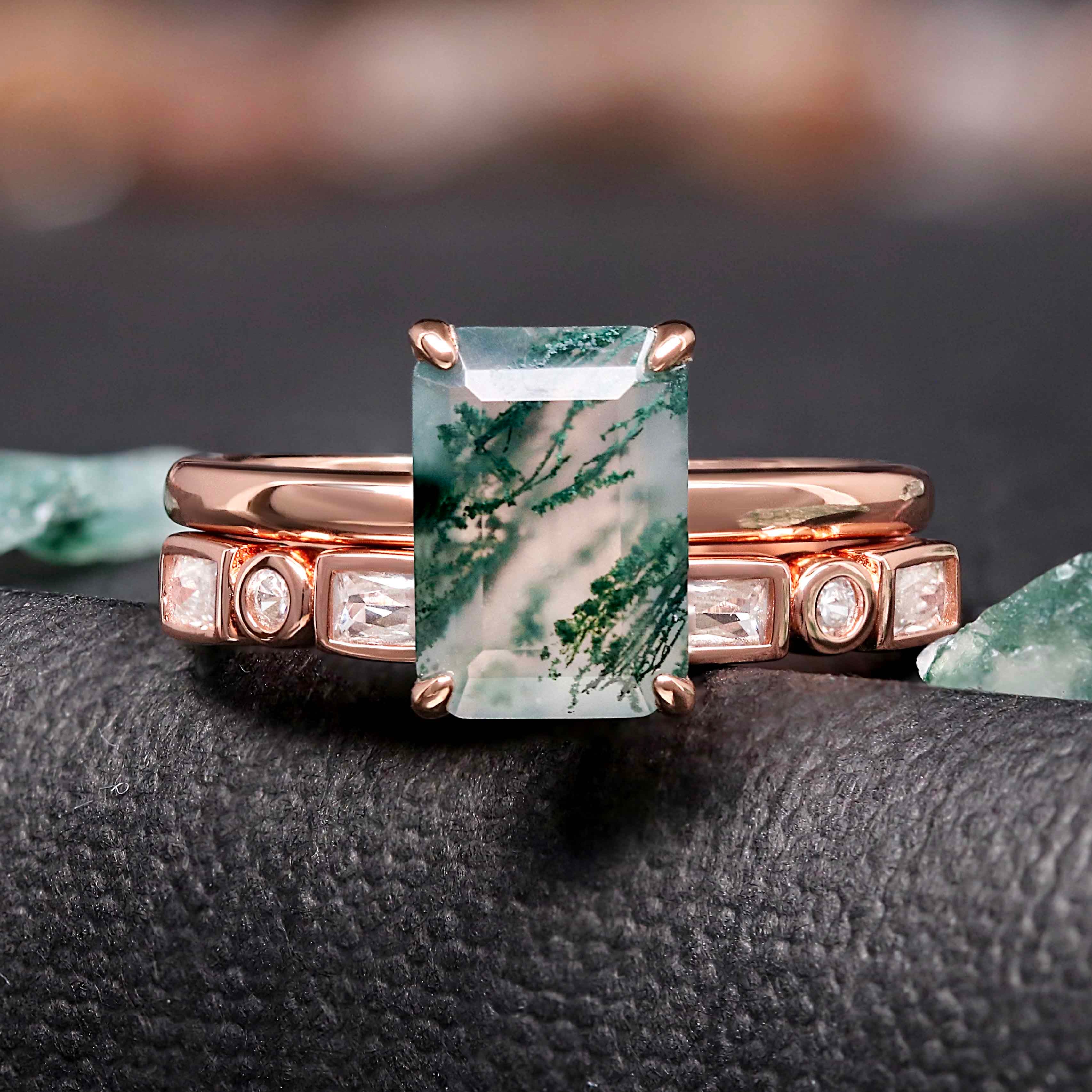 emerald cut moss agate engagement ring rose gold prongs bridal set