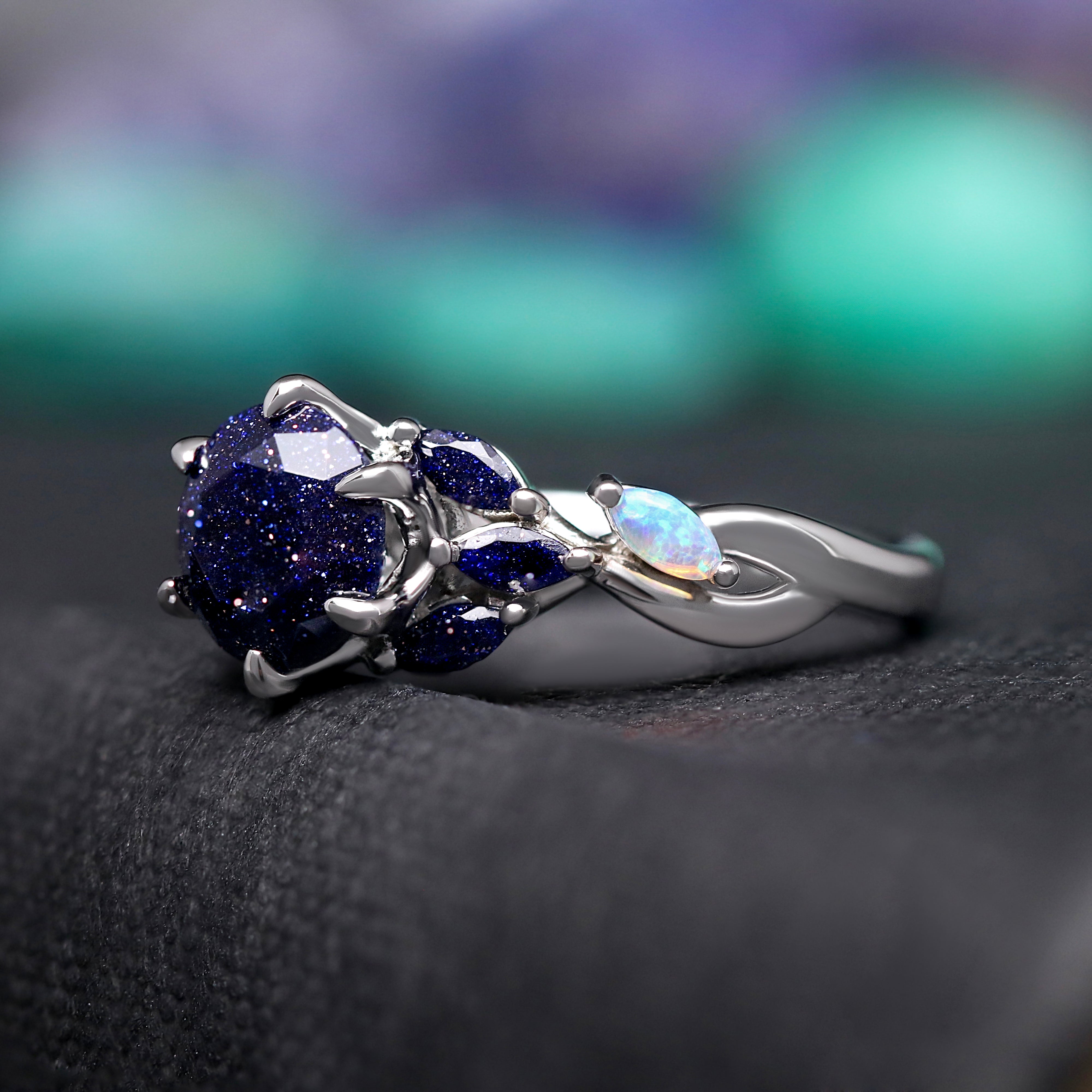 Nesta Rift Nebula Ring Sandstone, Unique Engagement Ring, 925 Sterling Silver, Blue Sandstone & White Fire Opal, Starry Night, Promise Ring