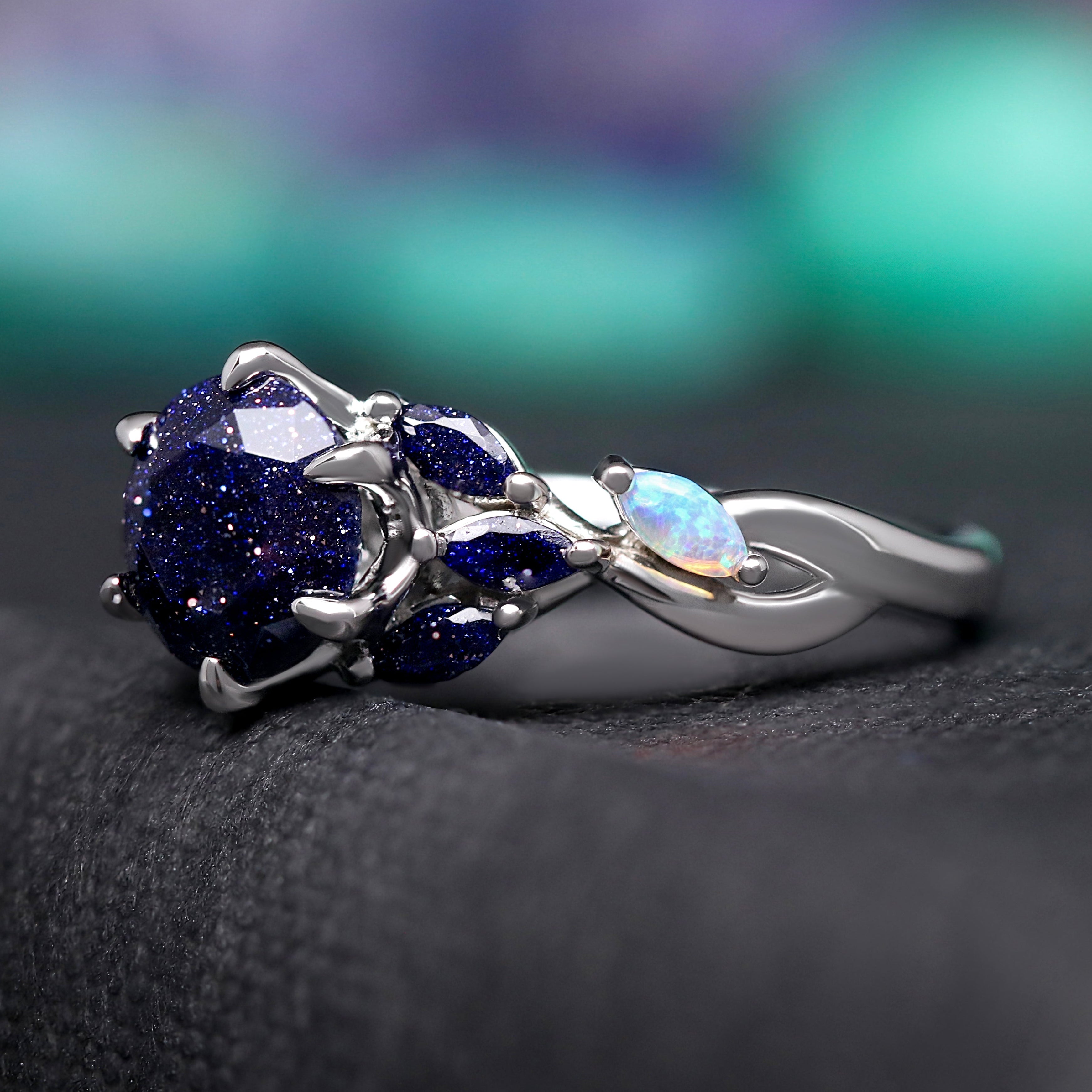 Nesta Rift Nebula Ring Sandstone, Unique Engagement Ring, 925 Sterling Silver, Blue Sandstone & White Fire Opal, Starry Night, Promise Ring