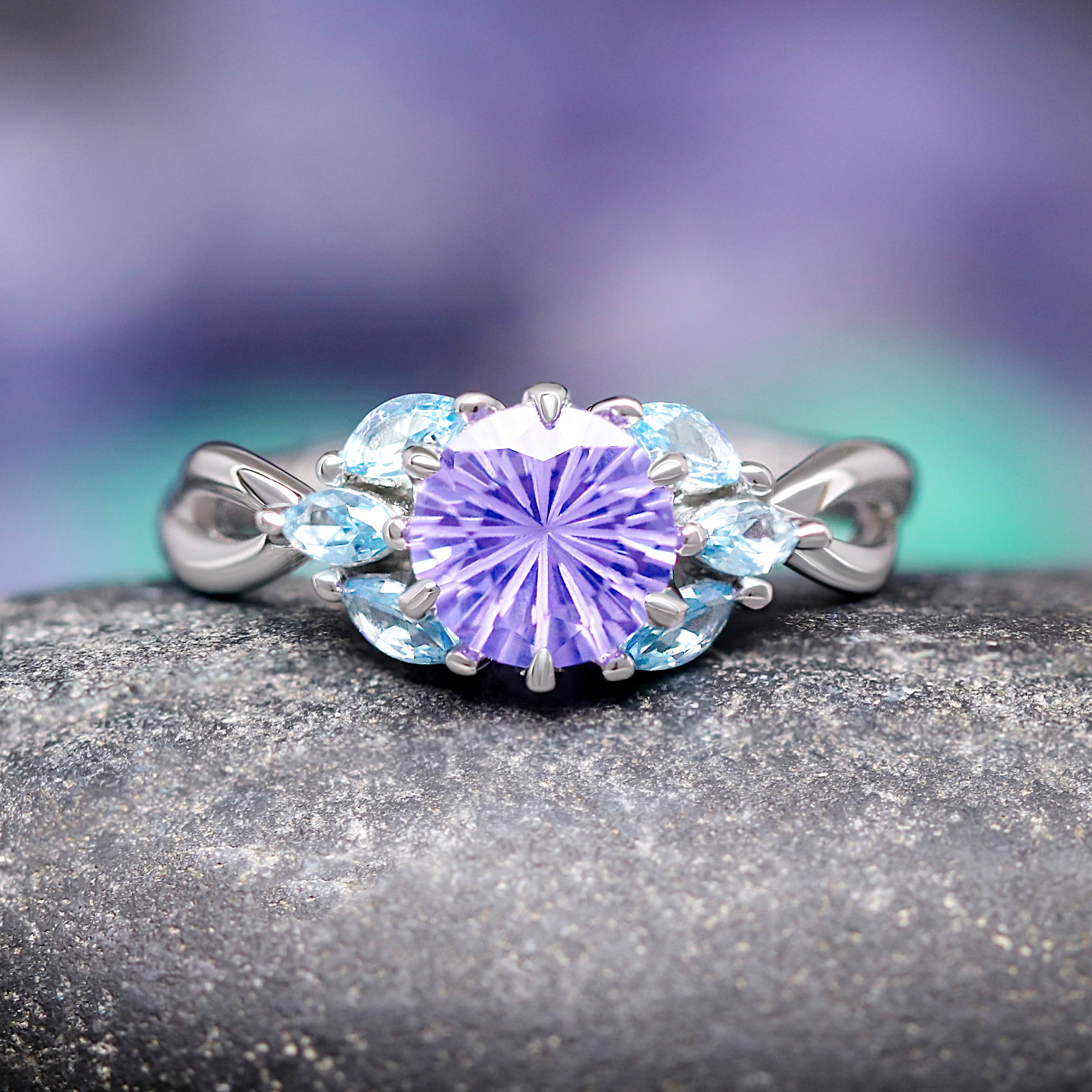 Borealis Couples Ring Set – Matching Wedding Bands, Nesta His & Hers Rings, Amethyst, Aquamarine, Northern Lights, Aurora Promise Ring Set