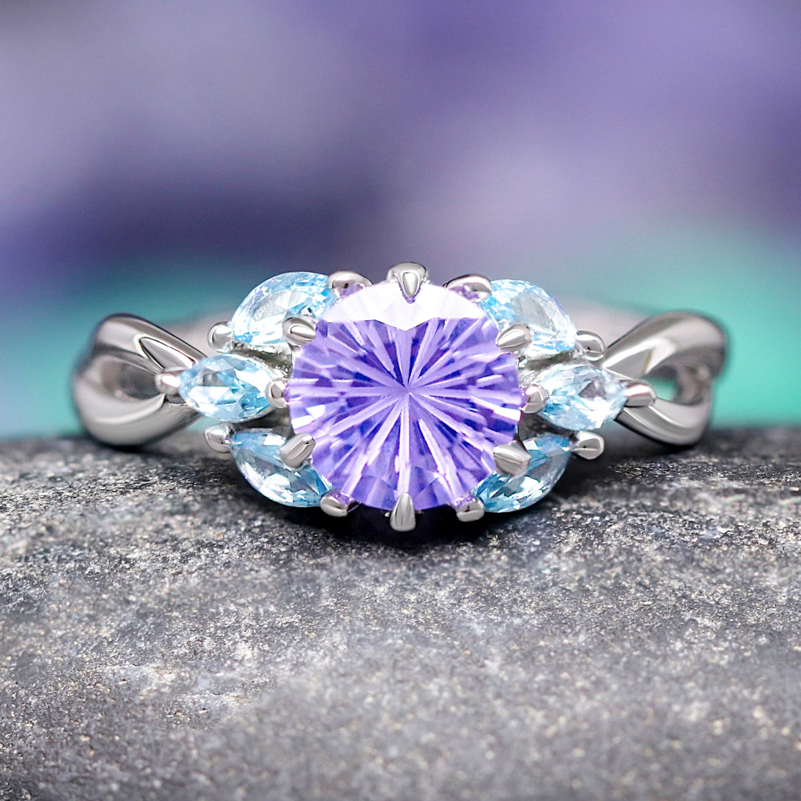 Nesta Amethyst Ring, Unique Engagement Ring, Womens Wedding Ring, Floral Nature, Enchanted Fairy Ring, Nontraditional Aquamarine Leaf Ring