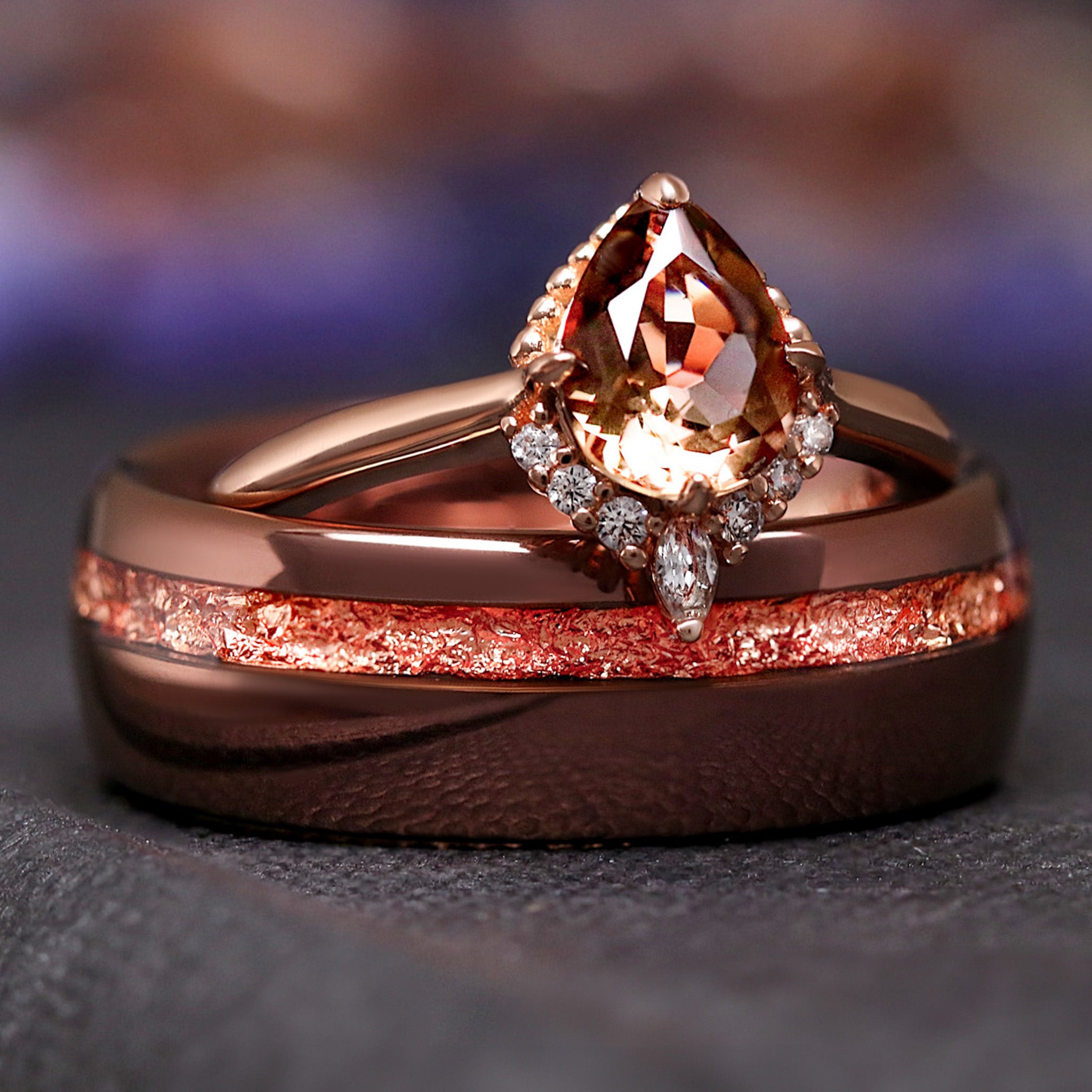 Smoky Quartz Rose Gold Ring, Pear Cut Wedding Ring for Her, Unique Nontraditional Promise Ring, Vintage Beaded Halo Ring for Women