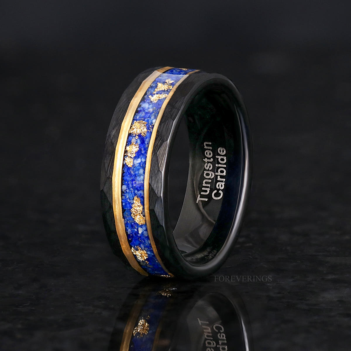 8mm black tungsten band with lapis lazuli, gold leaf and gold stripes, angled to show the inside