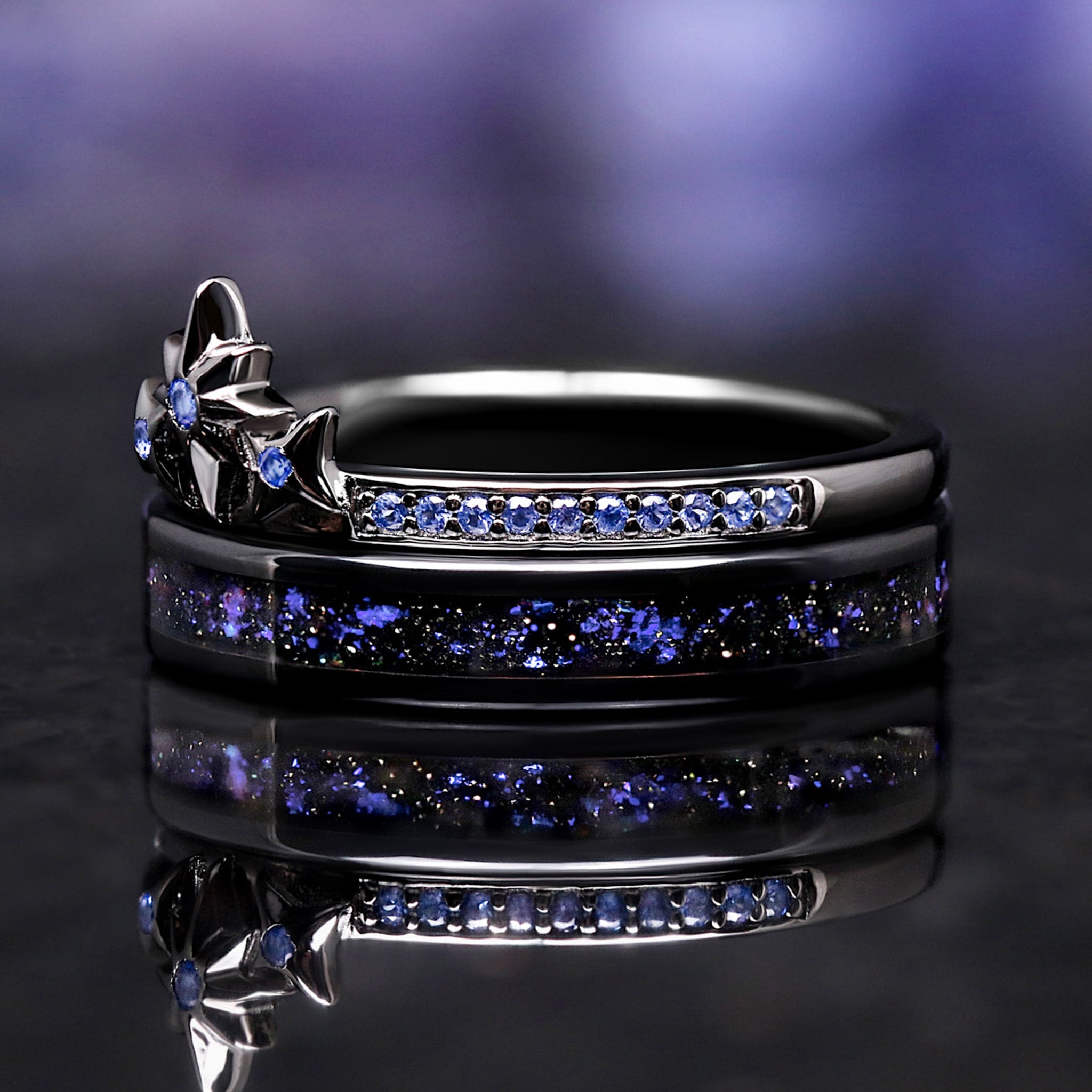Orion Star Engagement Ring Set, Women’s Wedding Band Set, Cosmic Nebula Stacking Rings, Space Ring Set for Her, Ceramic & Sterling Silver