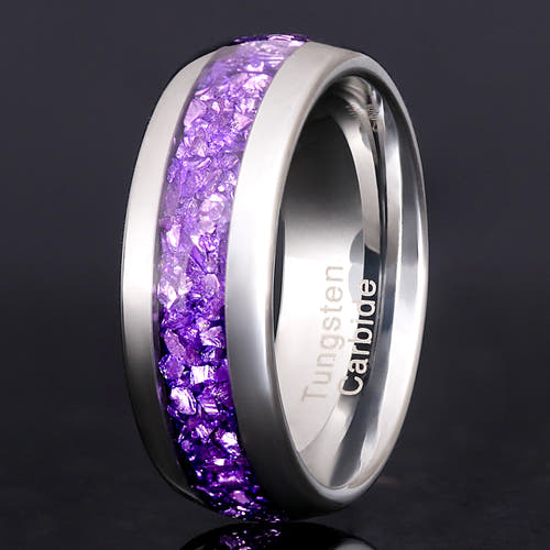 Men's 8mm silver tungsten wedding band with crushed amethyst inlay, standing upright