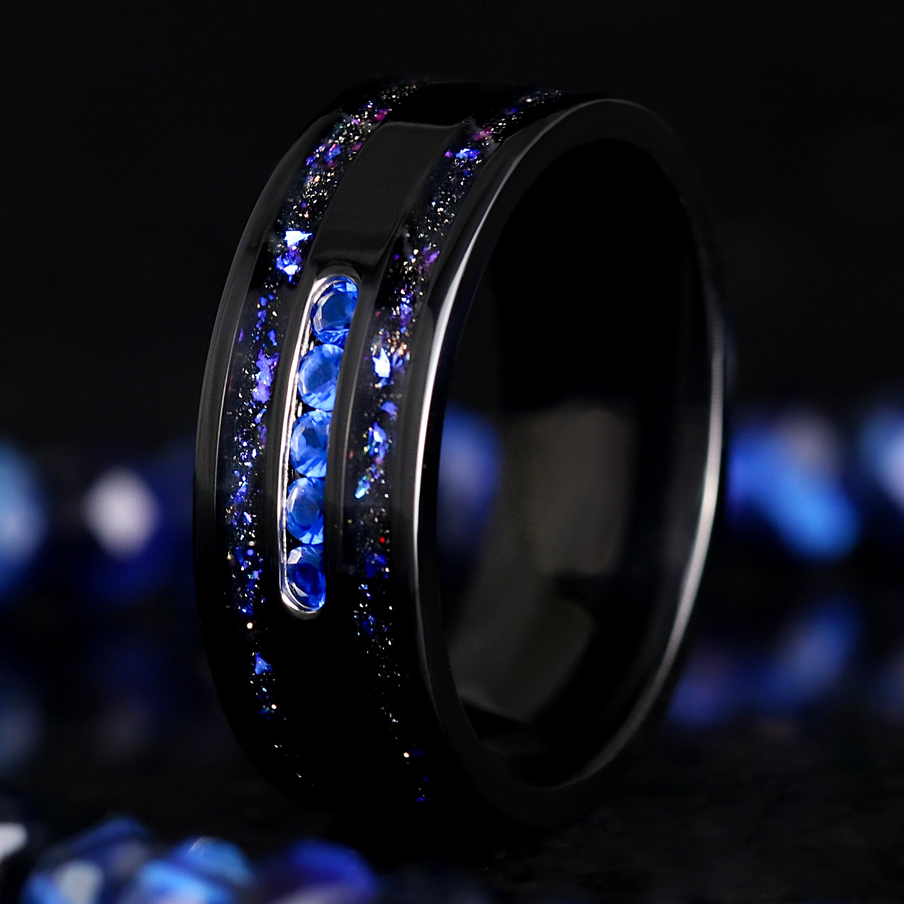 Mens Sapphire Wedding Band - Orion Nebula Ring™ - Black Engagement Ring for Him