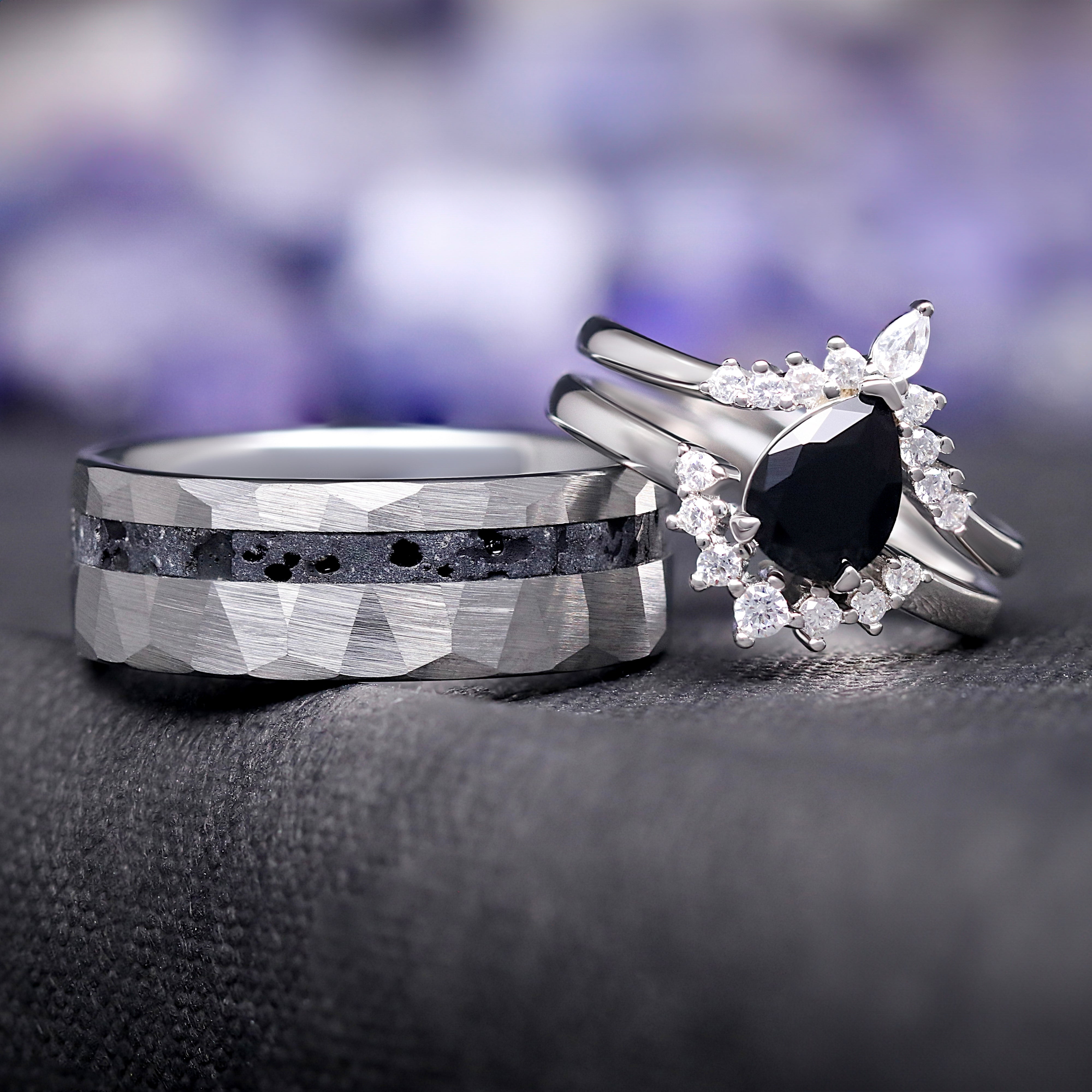 Lava Rock Ring for Men, Volcanic Stone & Silver Tungsten Band, 8mm Hammered Wedding Ring, Matte Flat Promise Ring for Him, Mens Wedding Band